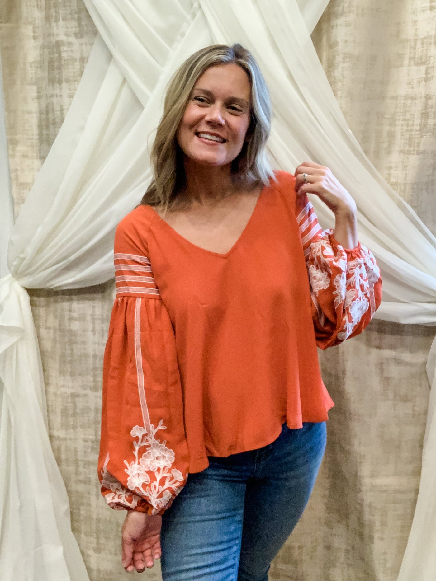 Rust Top with Embroidered Bubble Sleeves