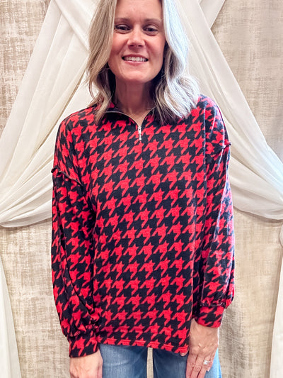 Red and Black Houndstooth Quarter Zip