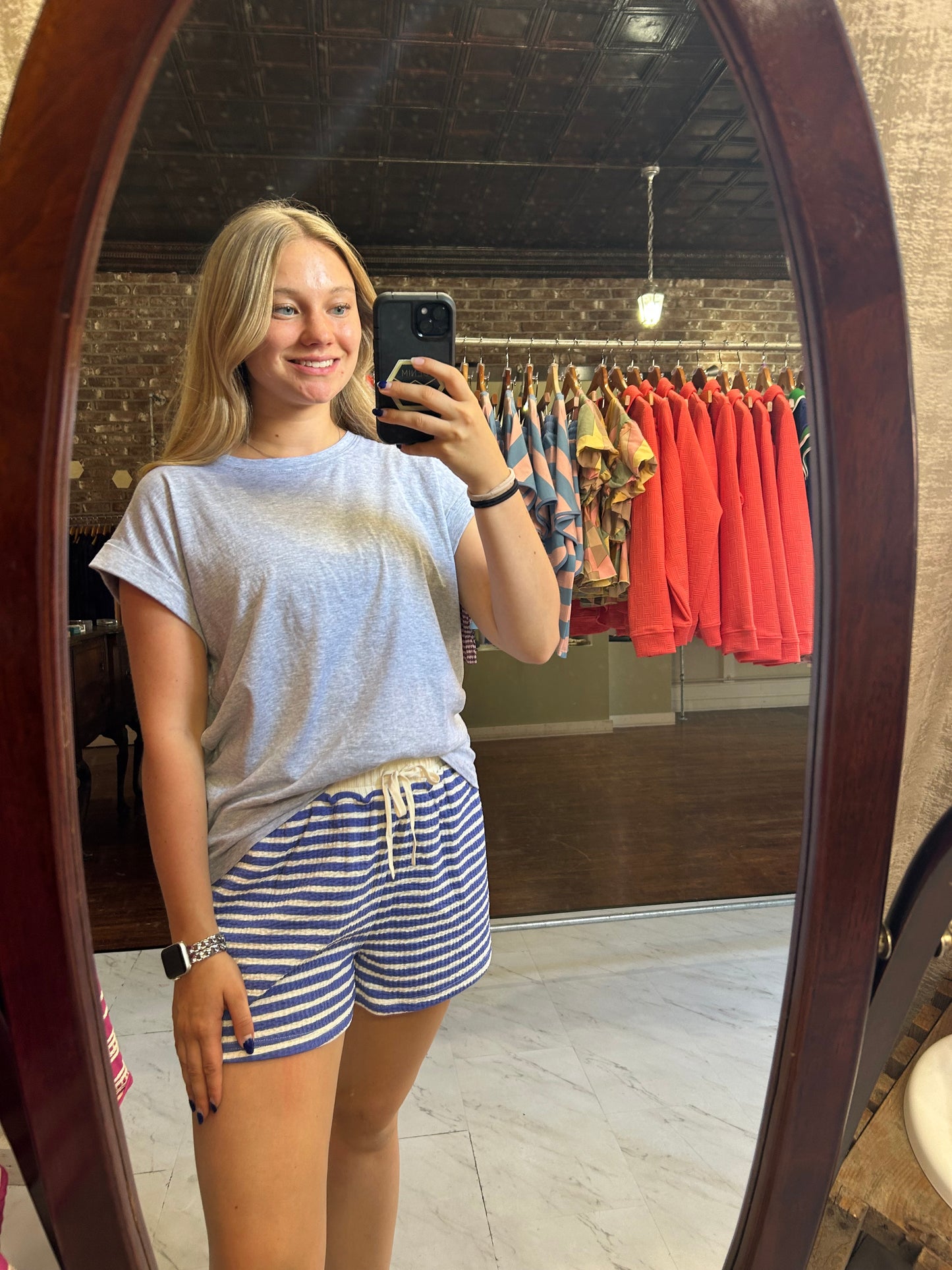 Striped Drawstring Knit Shorts - Blue