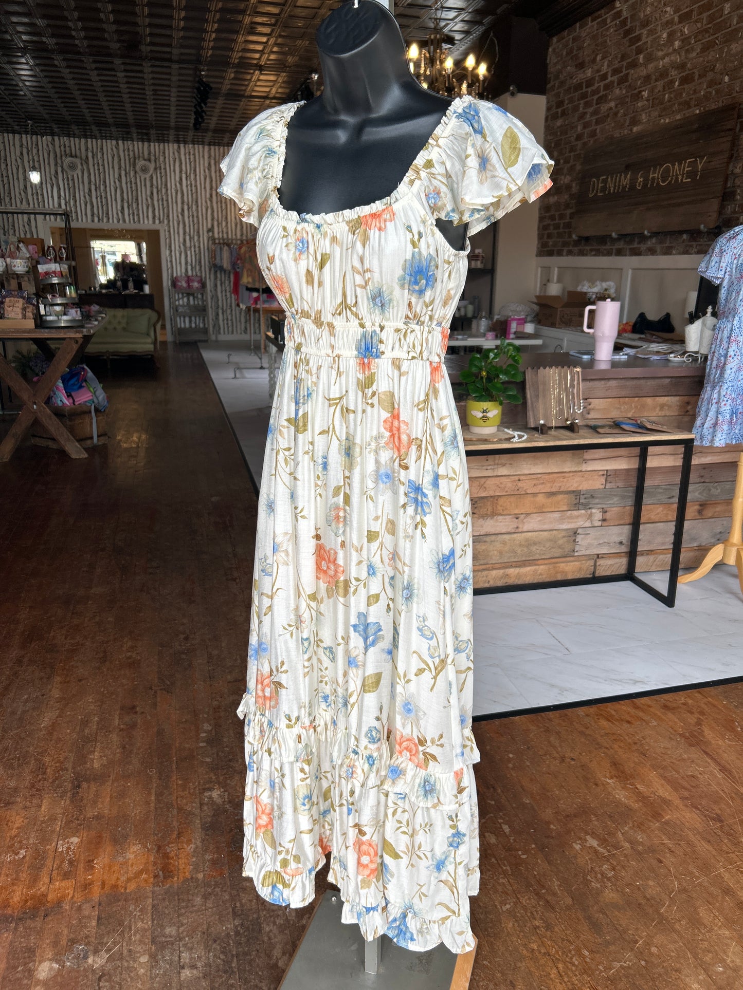 FLORAL SCOOP NECK RUFFLE SHORT SLEEVE MIDI DRESS - Off White Multi
