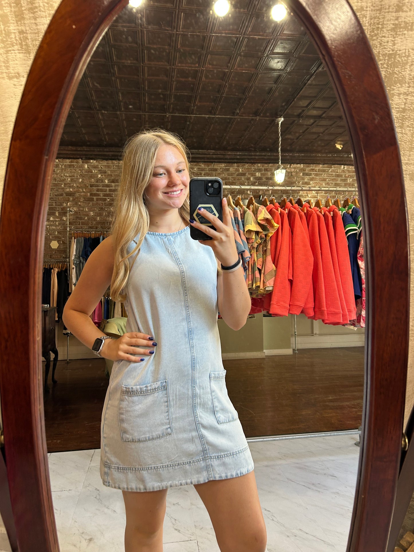 Sleeveless Pocket Detail Washed Denim Mini Dress | Light