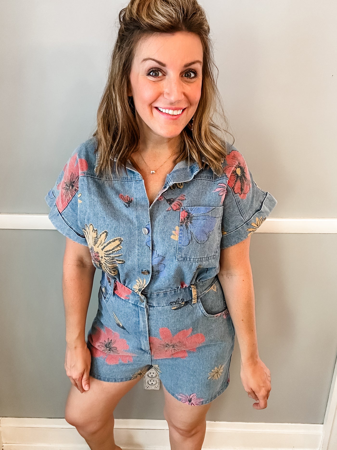 Denim Romper with Flowers