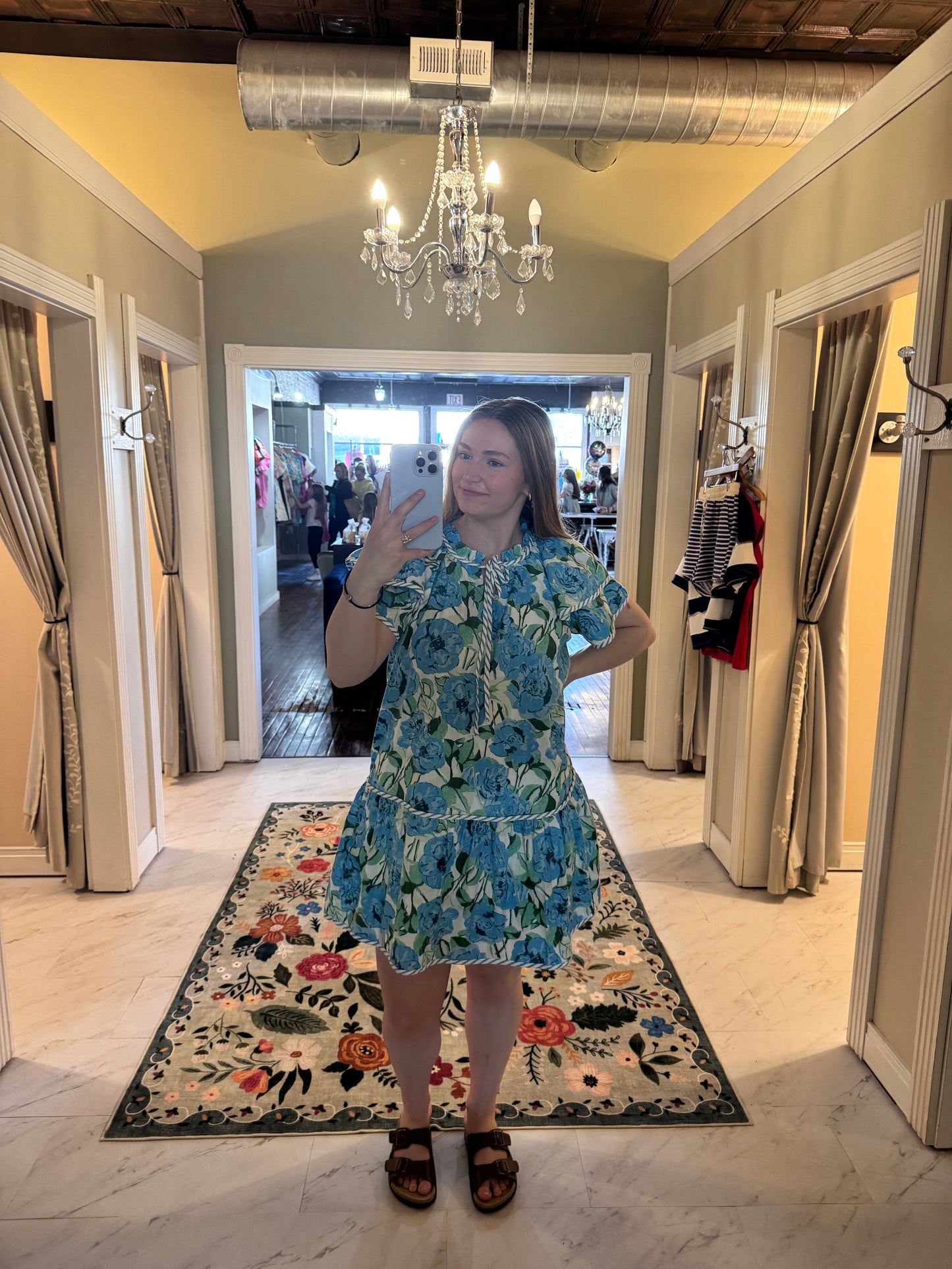Blue Floral Flutter Sleeve Dress
