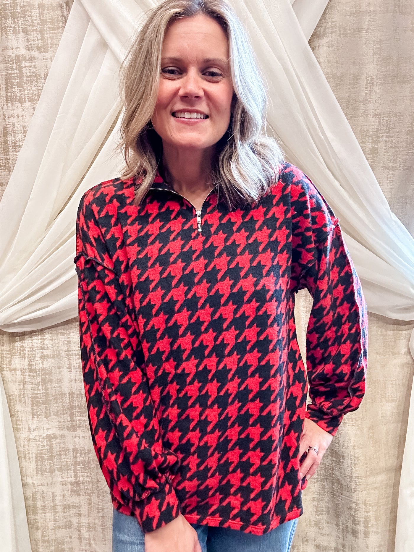 Red and Black Houndstooth Quarter Zip