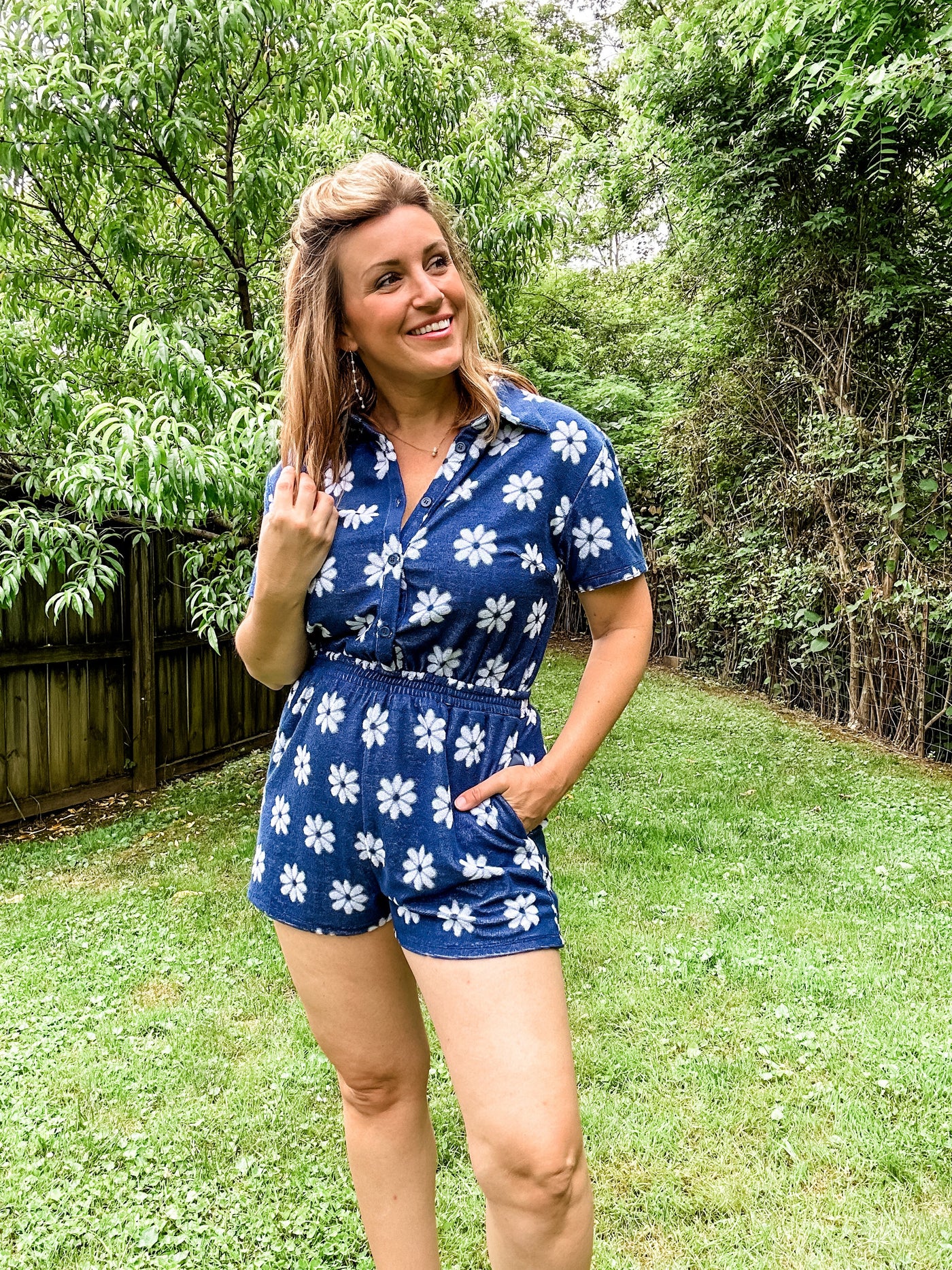 Blue and White Floral Romper