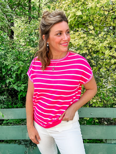Hot Pink and White Striped Knit Top