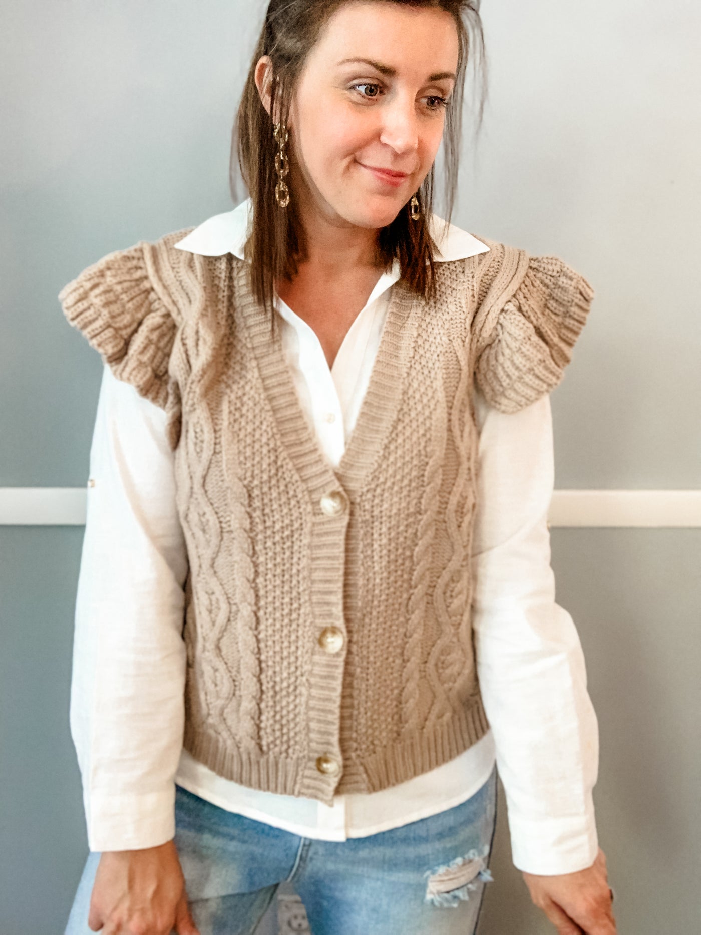 Tan Sweater Vest with Ruffle Sleeves