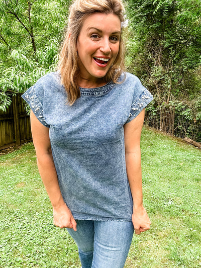 Denim Top with Pearl Details