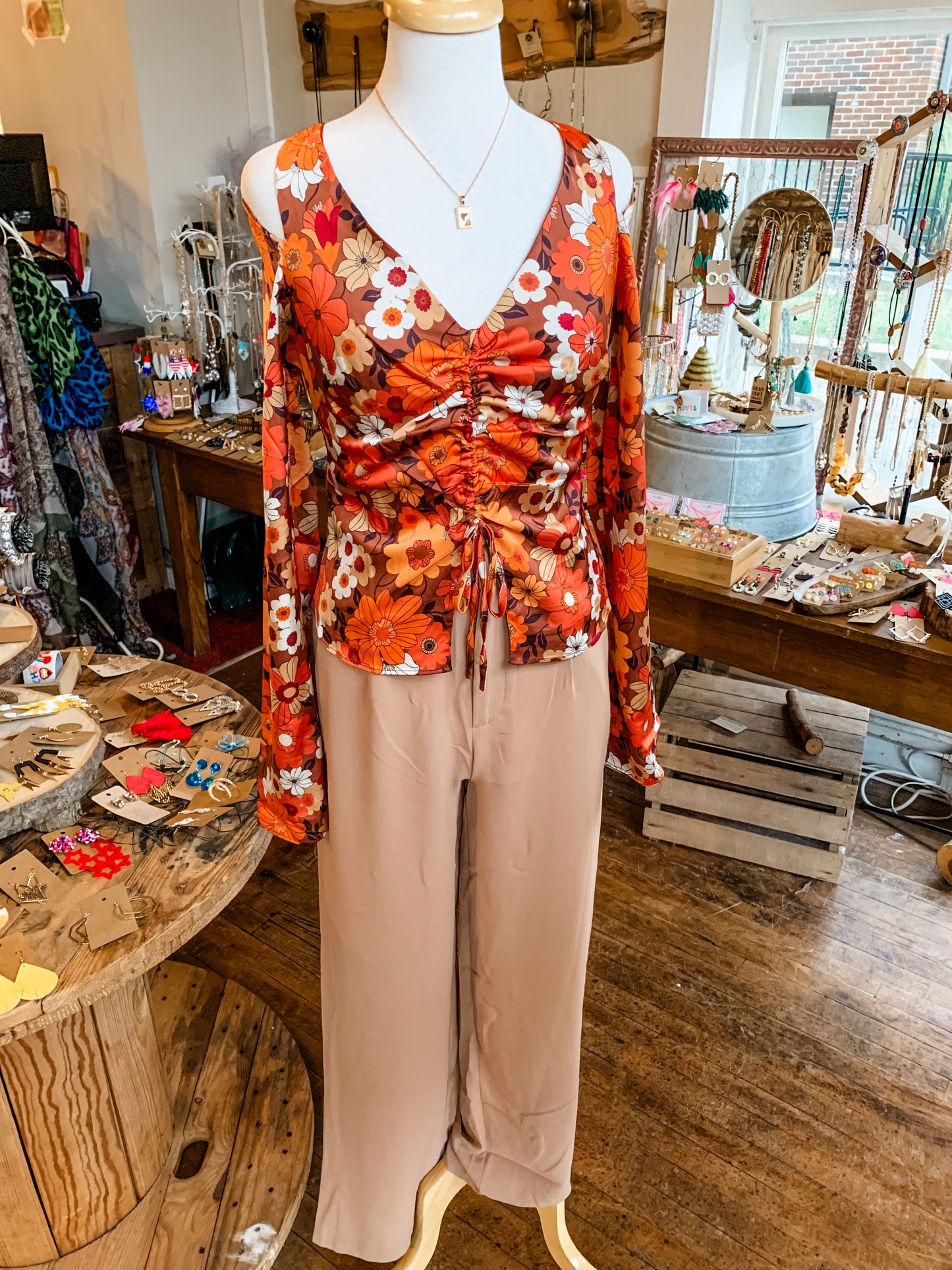 Fall Floral Satin Tie Top