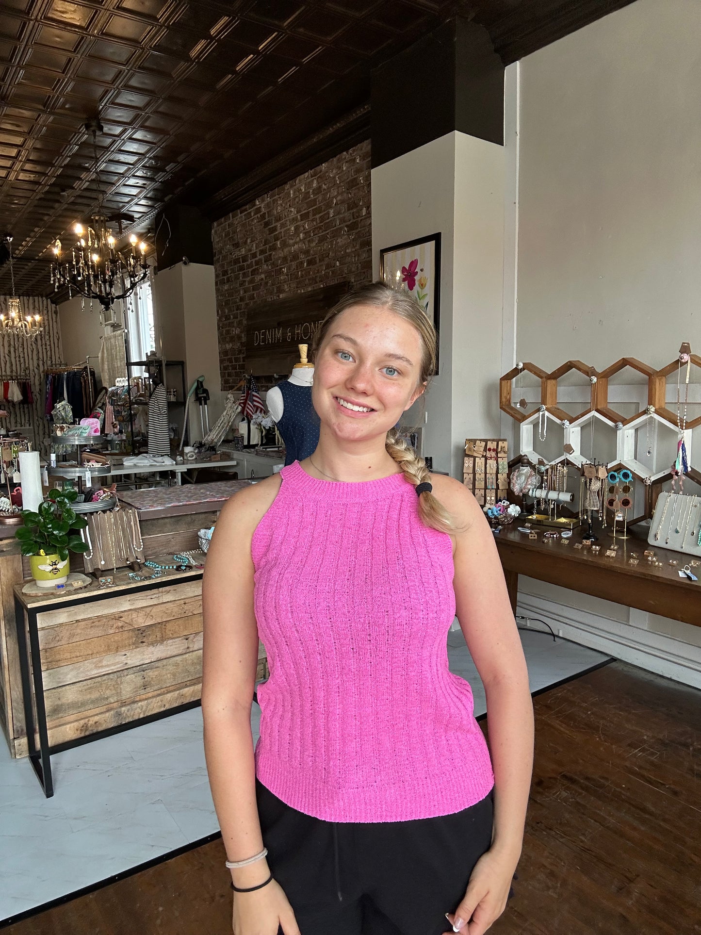 Halter Crochet Knit Tank Top - fuchsia