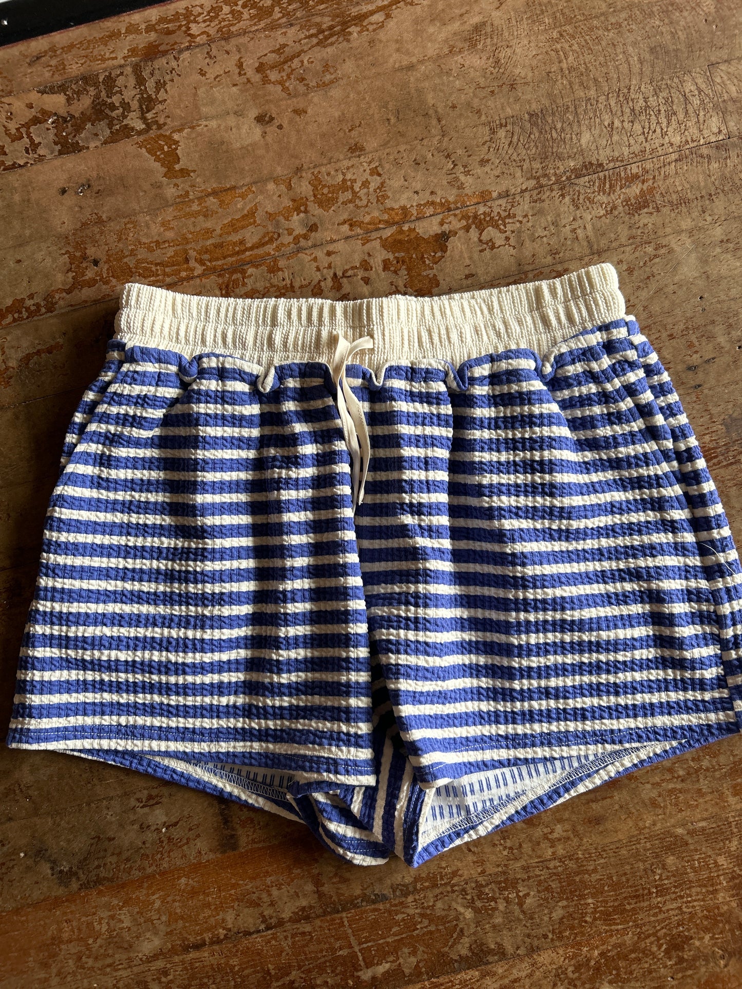 Striped Drawstring Knit Shorts - Blue