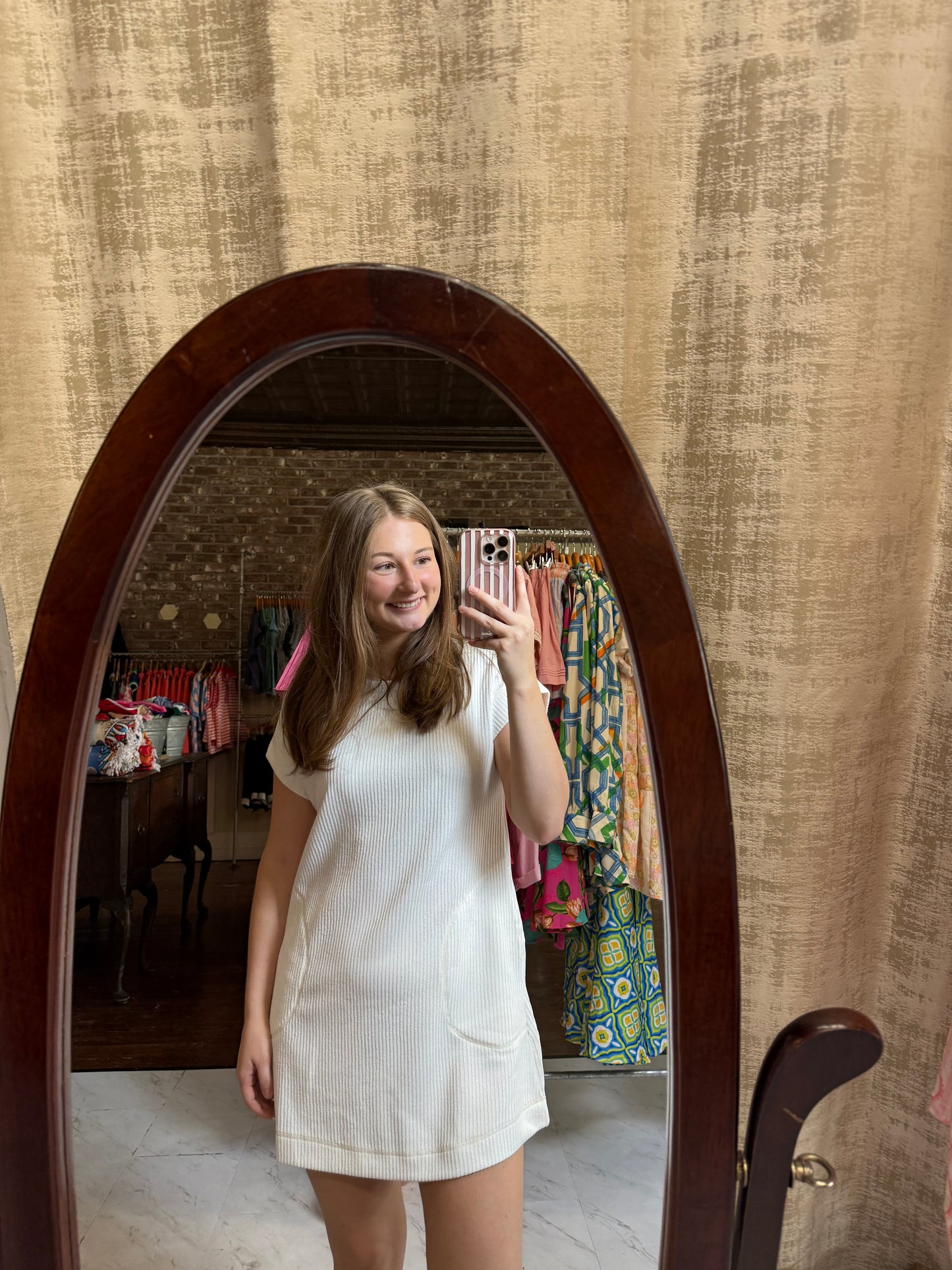 Ribbed Knit Short Sleeve Mini T-Shirt Dress - Cream