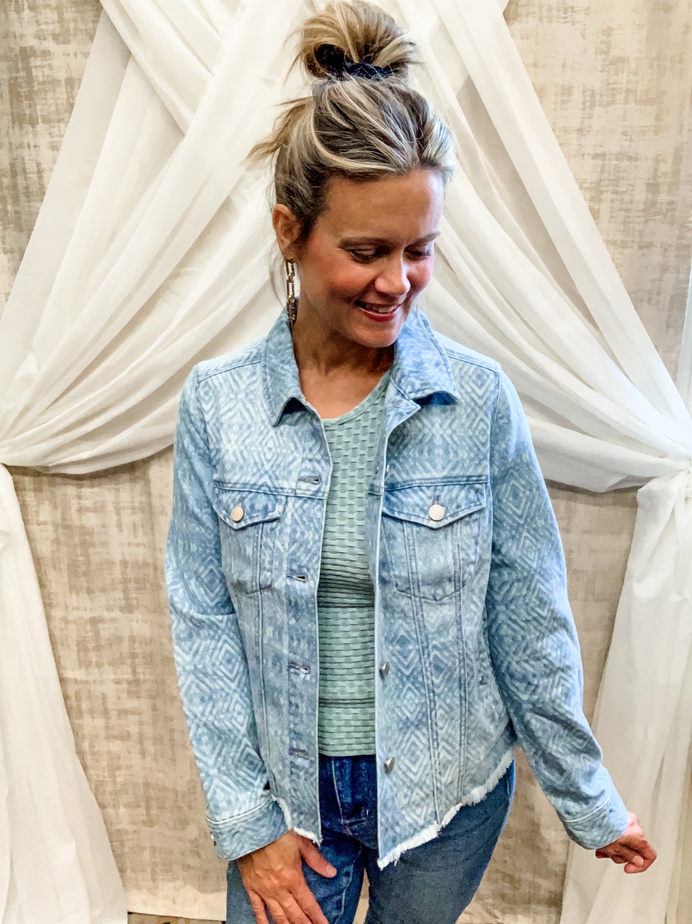 Denim Jacket with Print and Frayed Hem