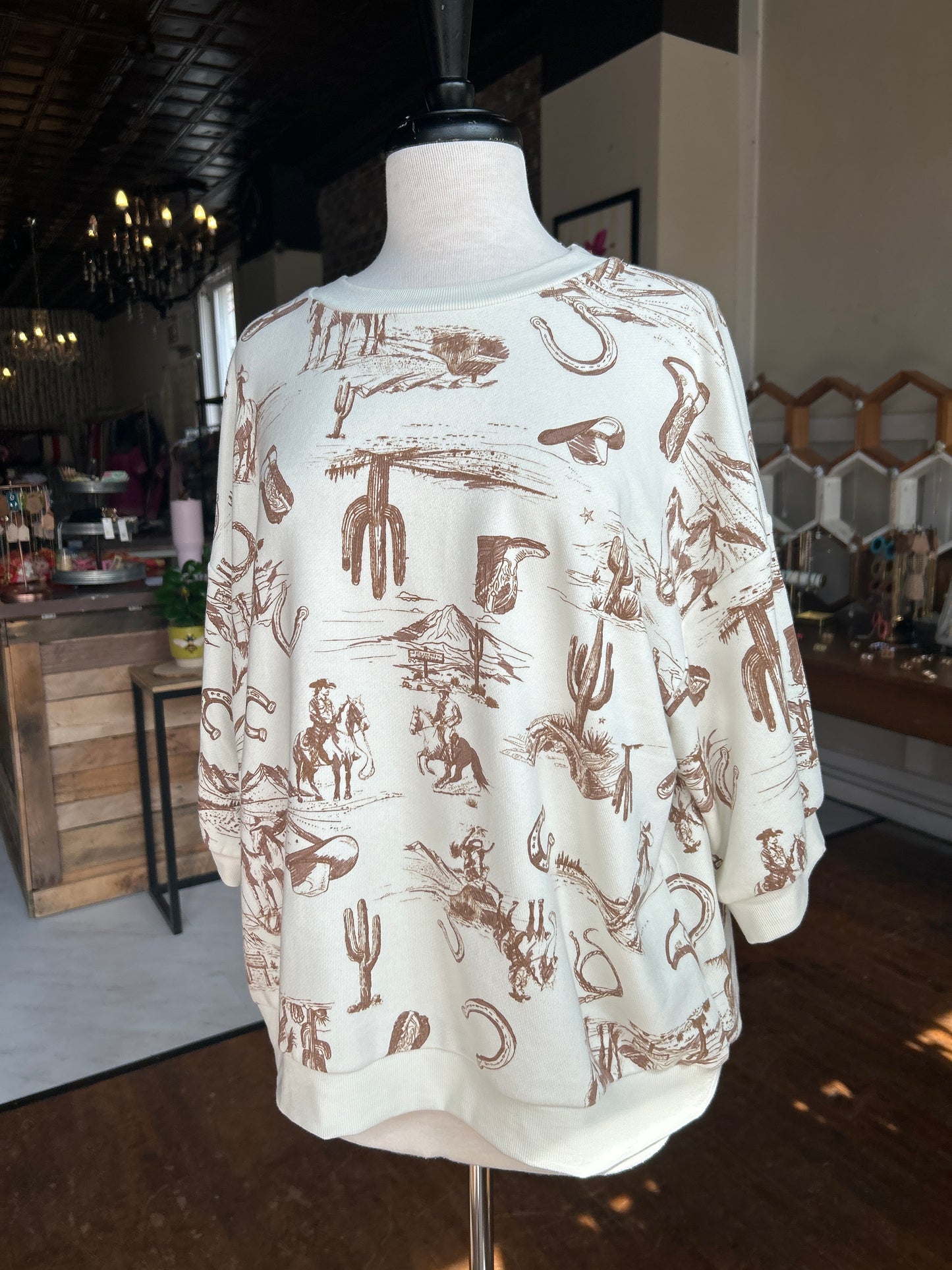 Western Print Short Sleeve Drop Shoulder Knit Top