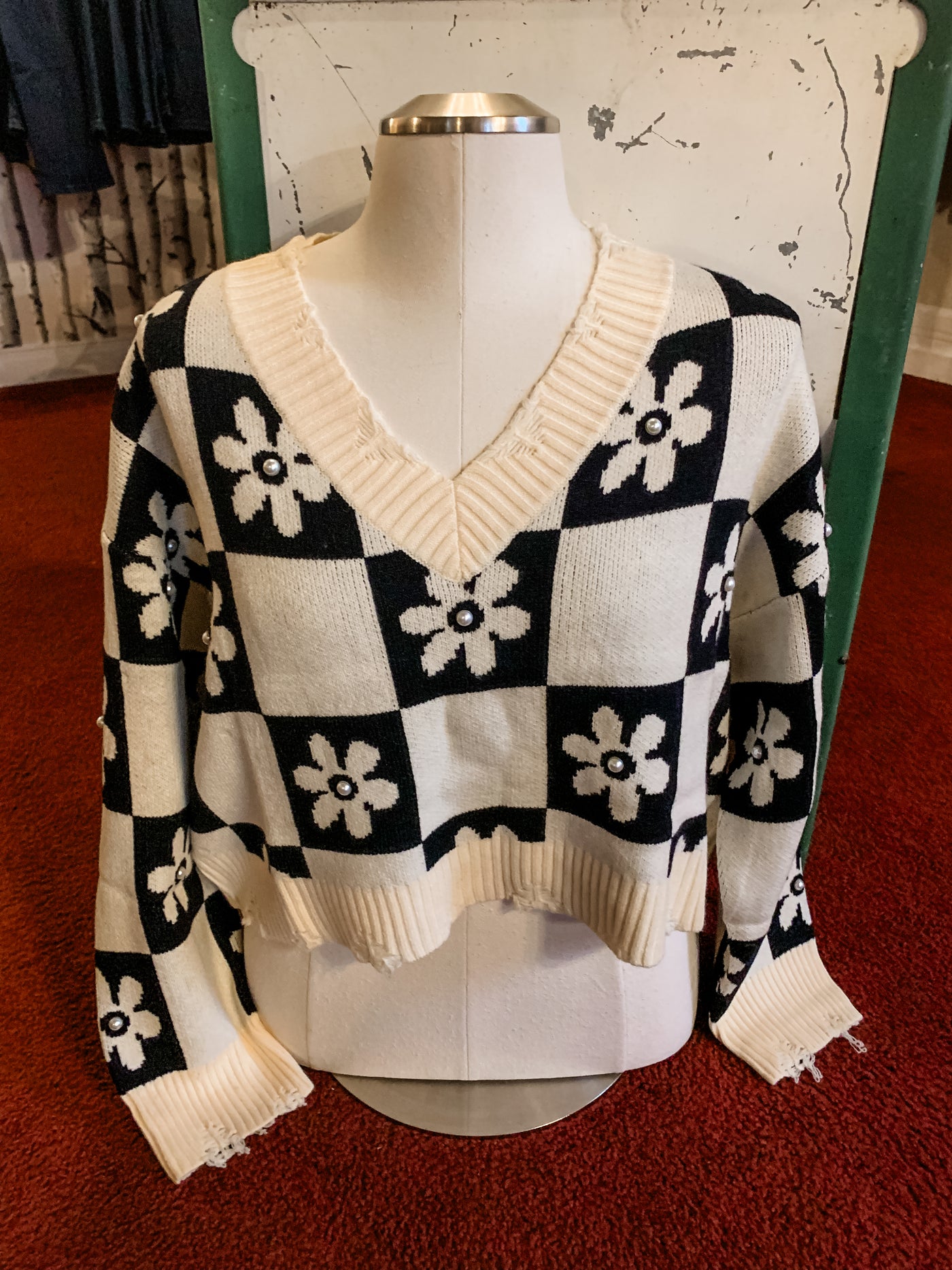 Black and White Sweater with Flower and Pearl Details