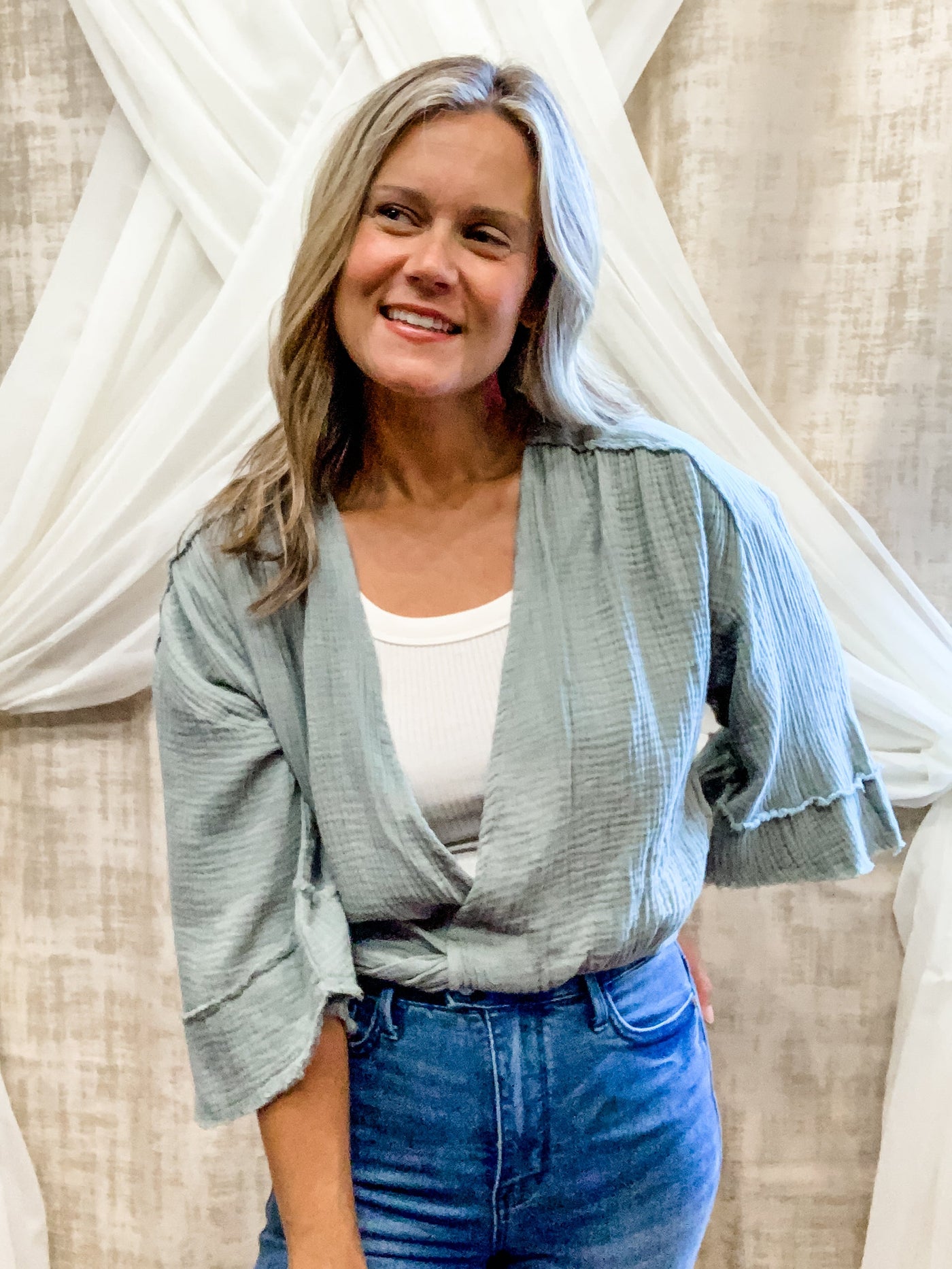 Sage Faux Wrap Top with Elastic Back
