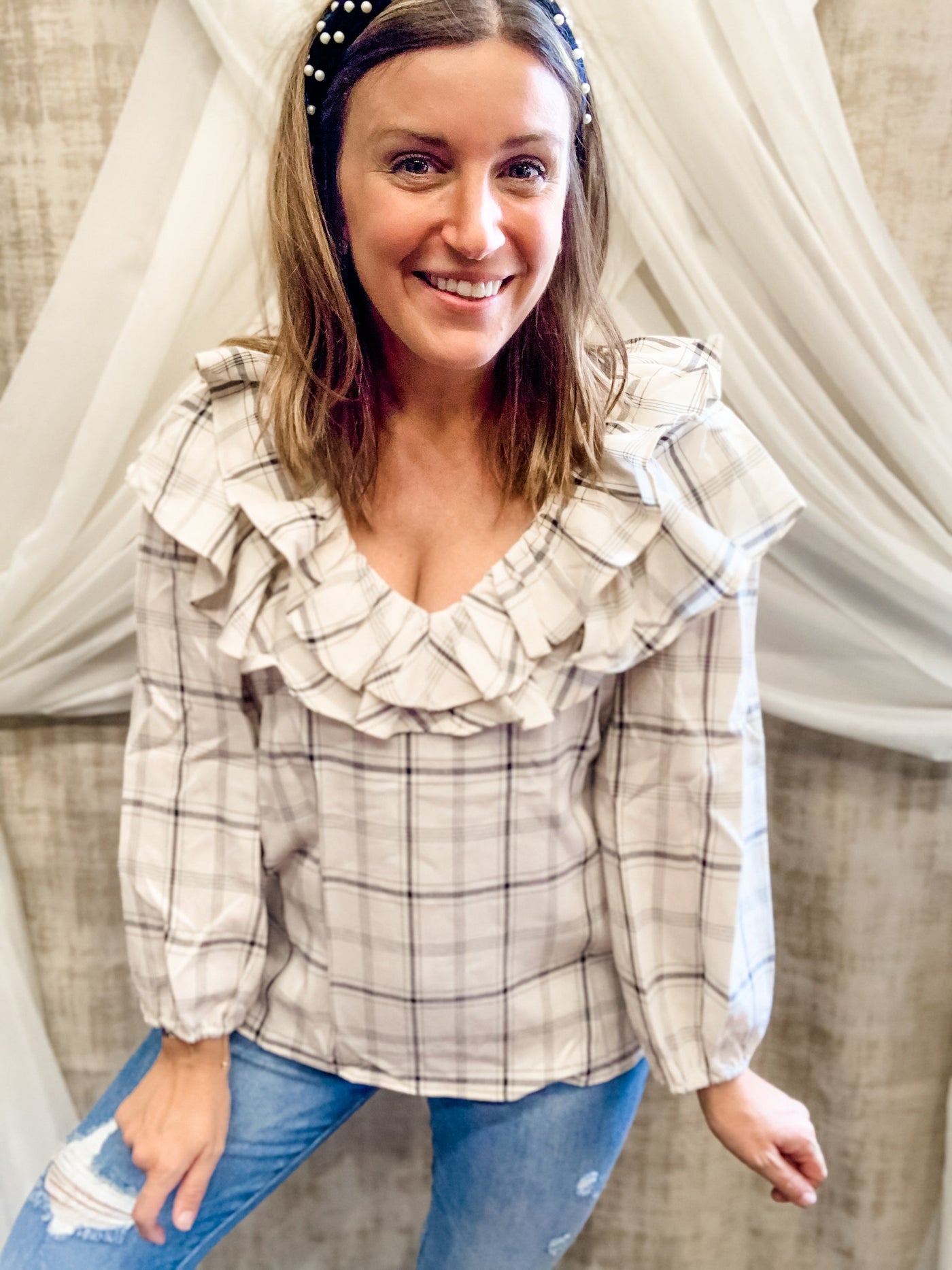 Ivory and Charcoal Plaid Top with Ruffle Detail