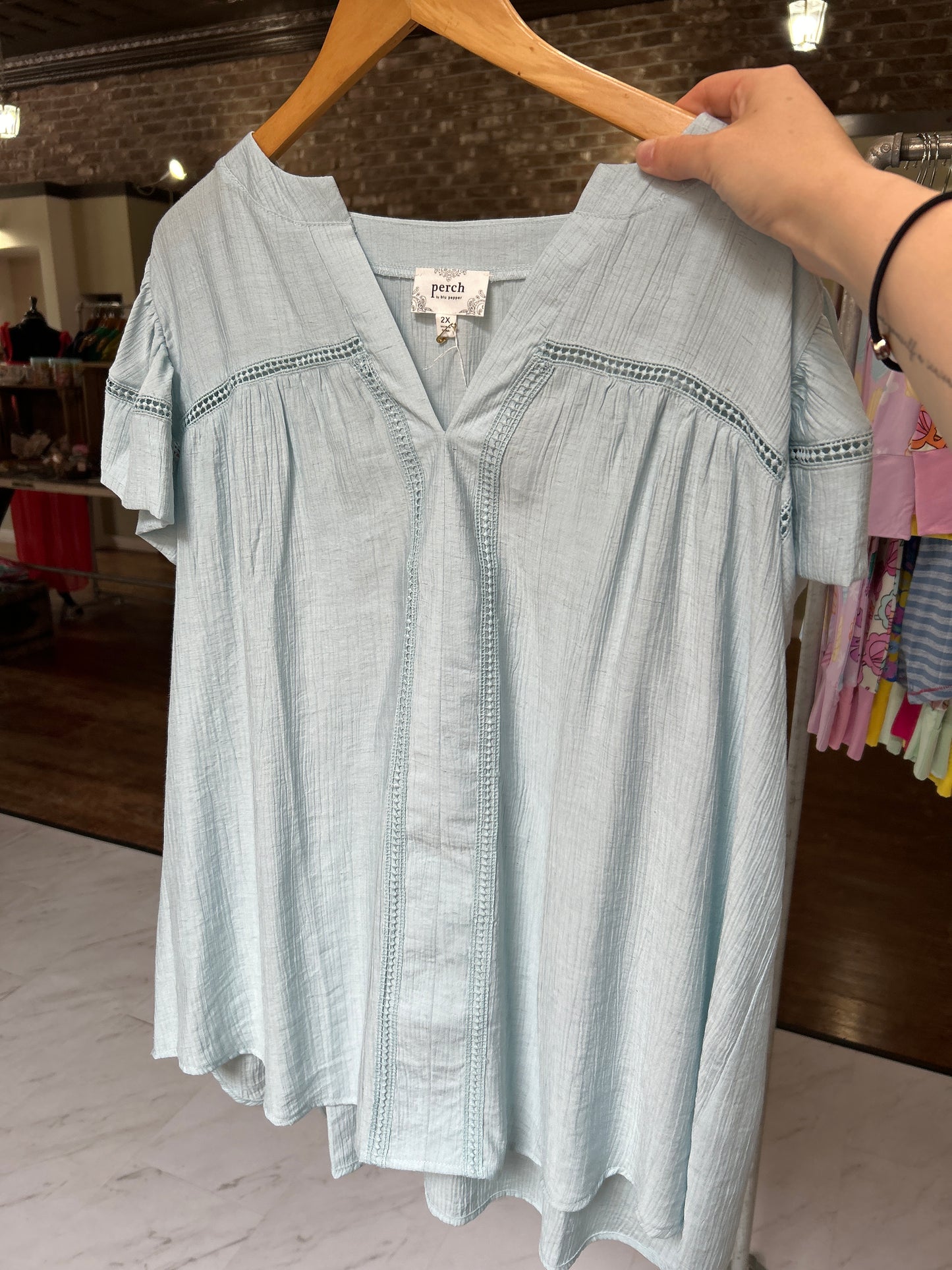 Line Lace Trim Split Neck Ruffle Sleeve Top - Plus - Light Blue