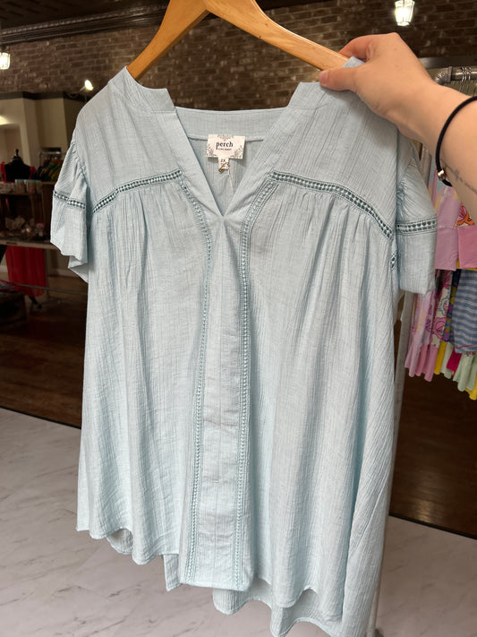 Line Lace Trim Split Neck Ruffle Sleeve Top - Plus - Light Blue