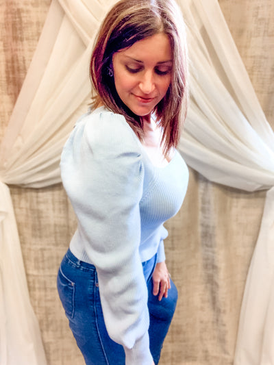 Light Blue Ribbed Sweater with Puff Sleeves