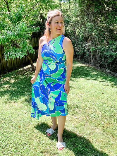Blue and Green Pleated One Shoulder Dress