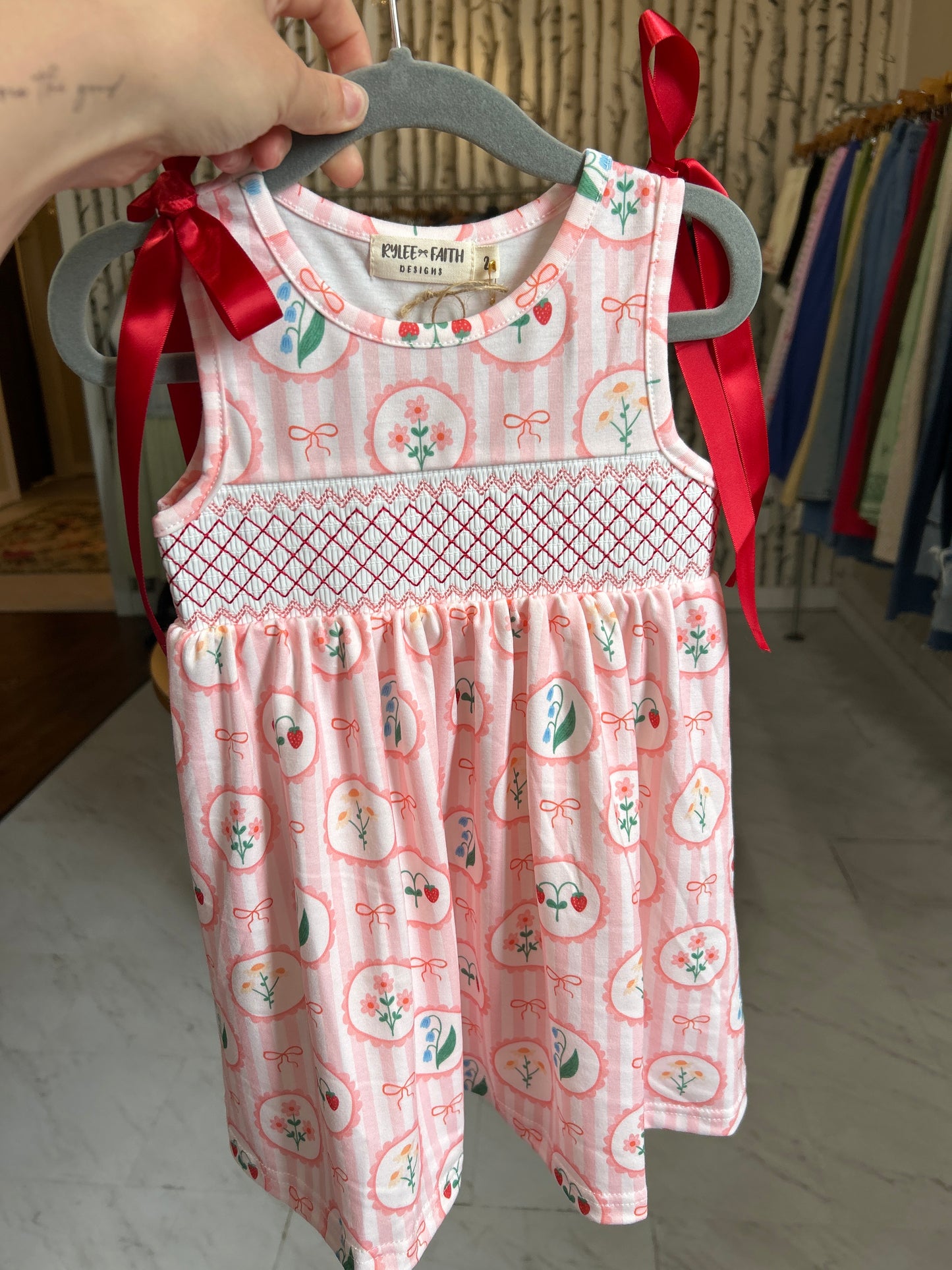 Spring Pink Floral Bow Smocked Girl Dress