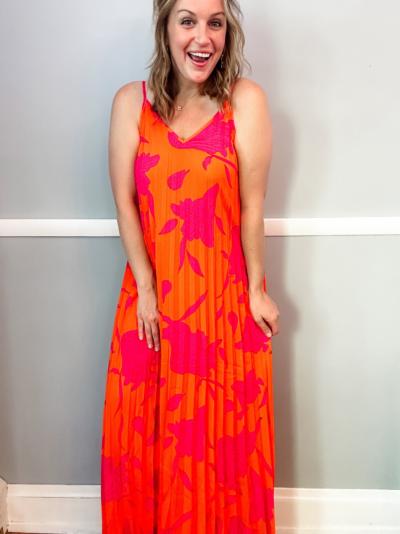 Orange Print Accordion Maxi Dress