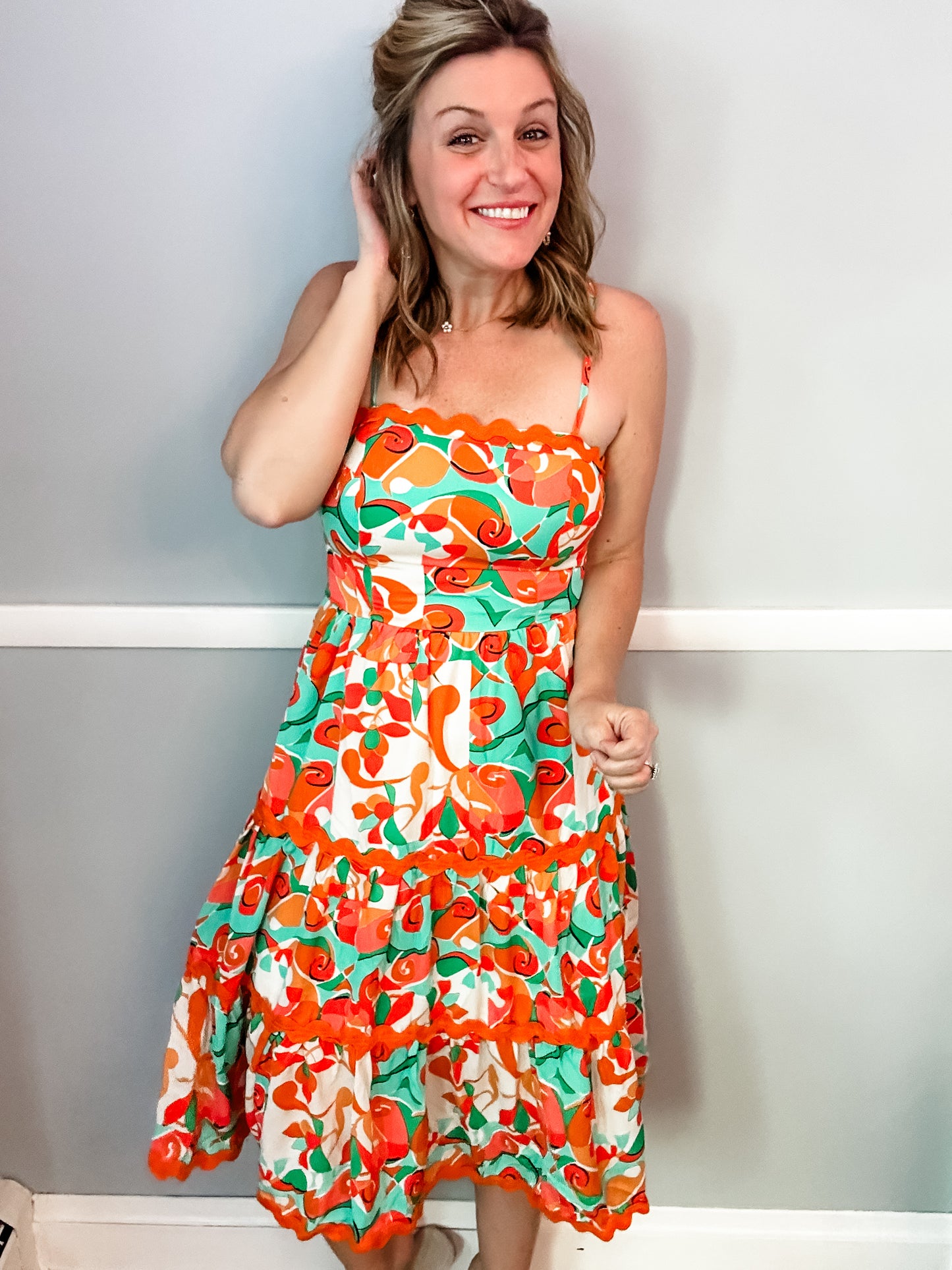 Jade and Orange Ric Rac Midi Dress
