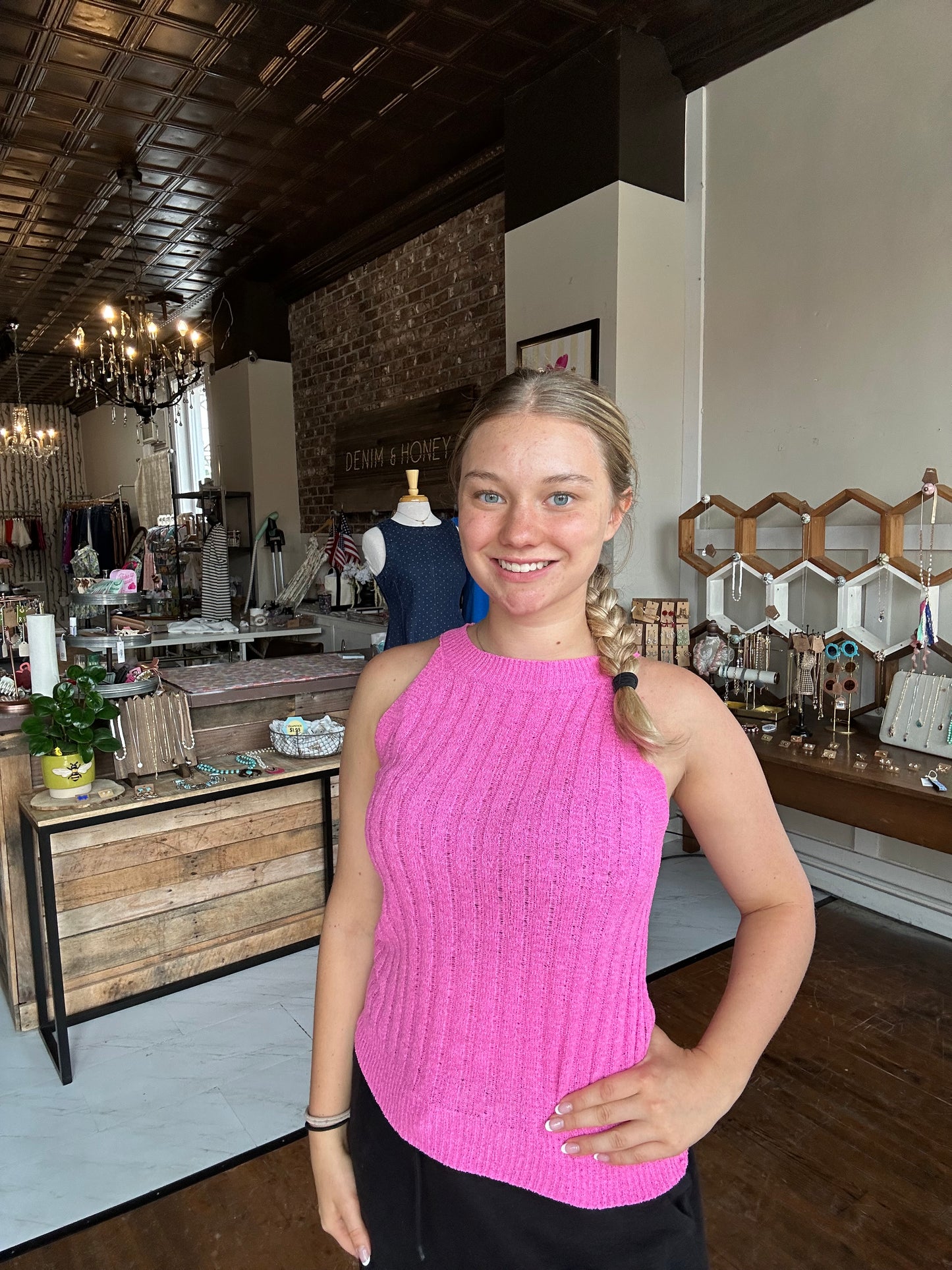 Halter Crochet Knit Tank Top - fuchsia