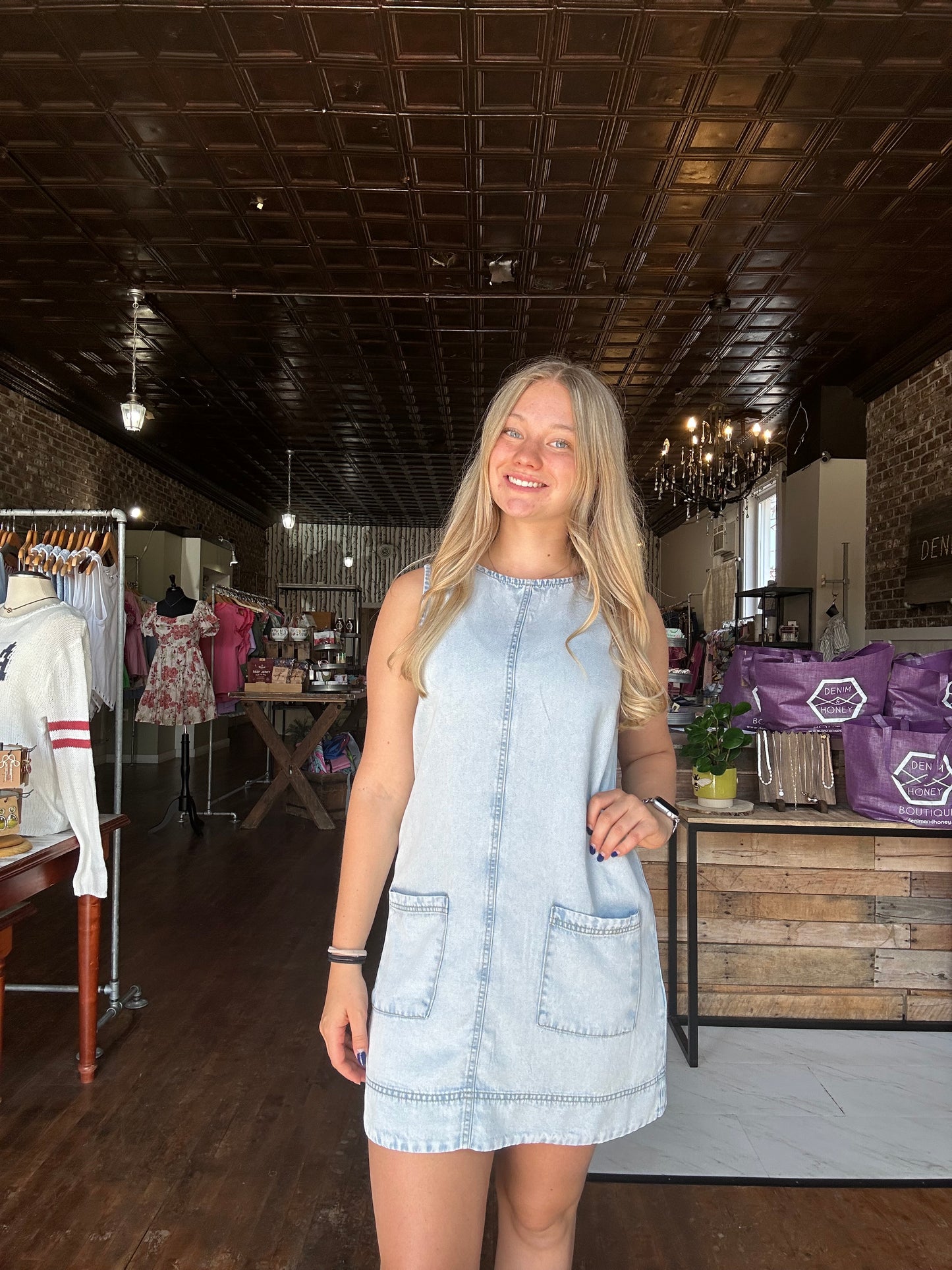 Sleeveless Pocket Detail Washed Denim Mini Dress | Light
