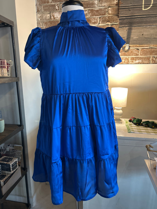 Tiered Tie Neck Back Mini Dress - Royal Blue