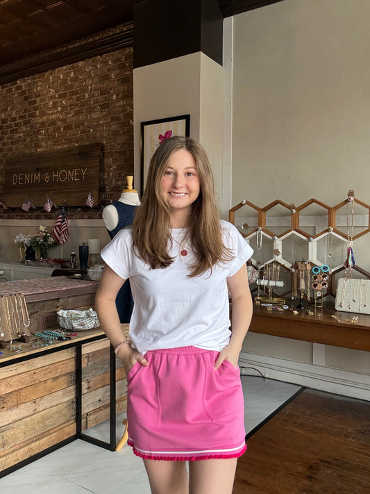 Pink Sweat Skirt with Tassel Trim