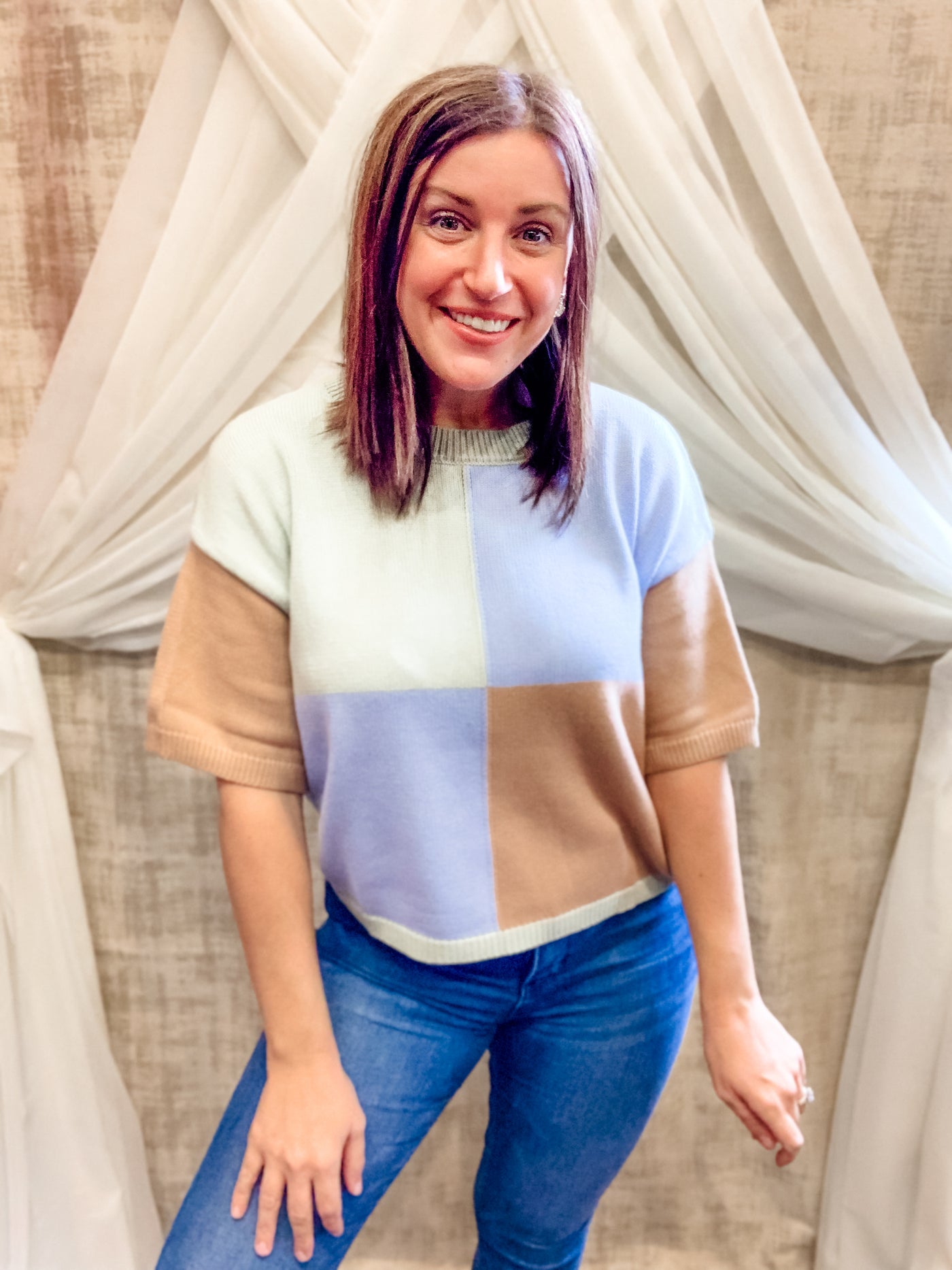 Color Block Short Sleeve Sweater