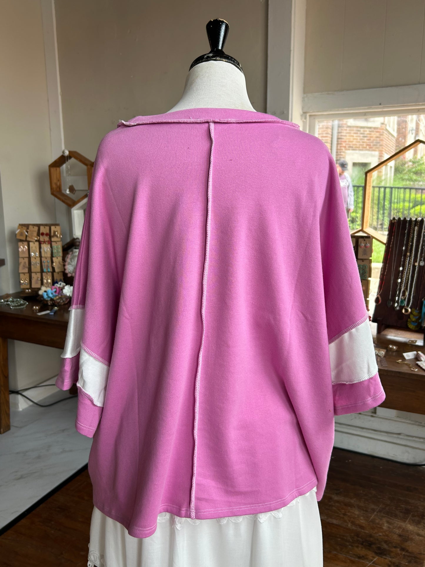 French Terry Striped Exposed Seam Top - Pink - Plus