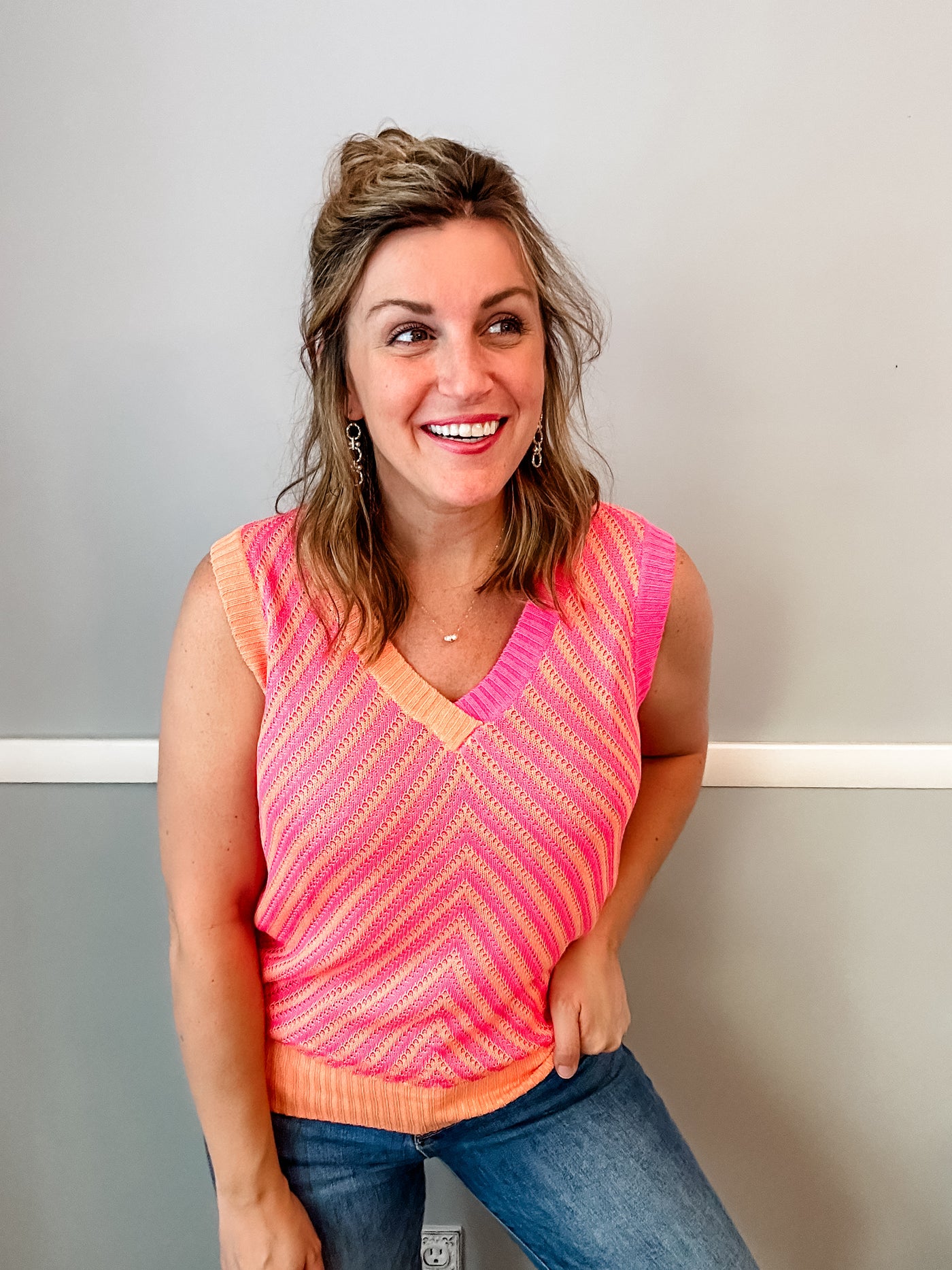 Pink and Orange Contrasting Stripes Knit Tank Top