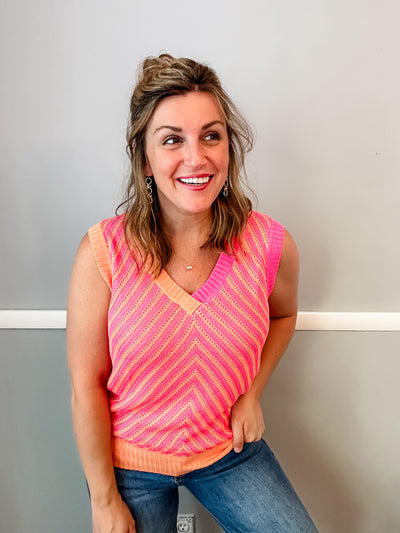 Pink and Orange Contrasting Stripes Knit Tank Top