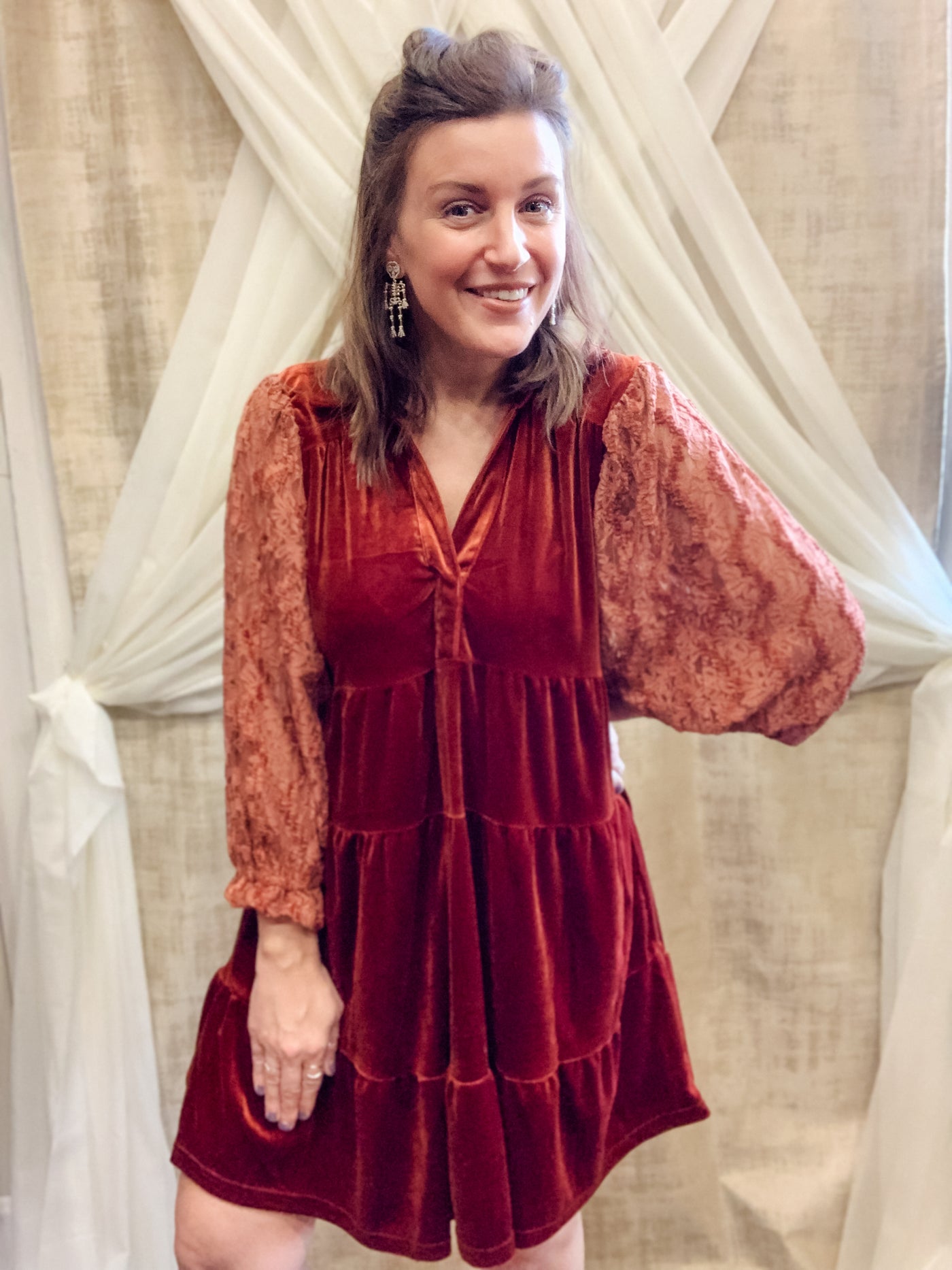 Rust Tiered Velvet Dress with Lace Sleeves