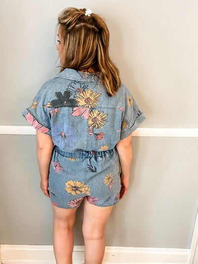 Denim Romper with Flowers