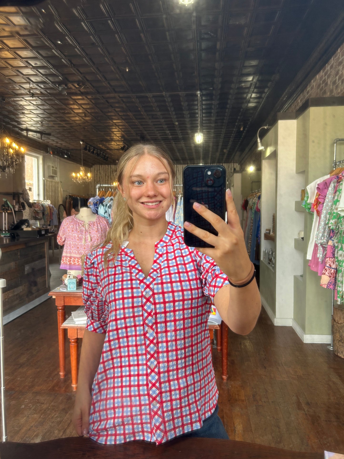 Elaine Top | Gingham Red + Blue