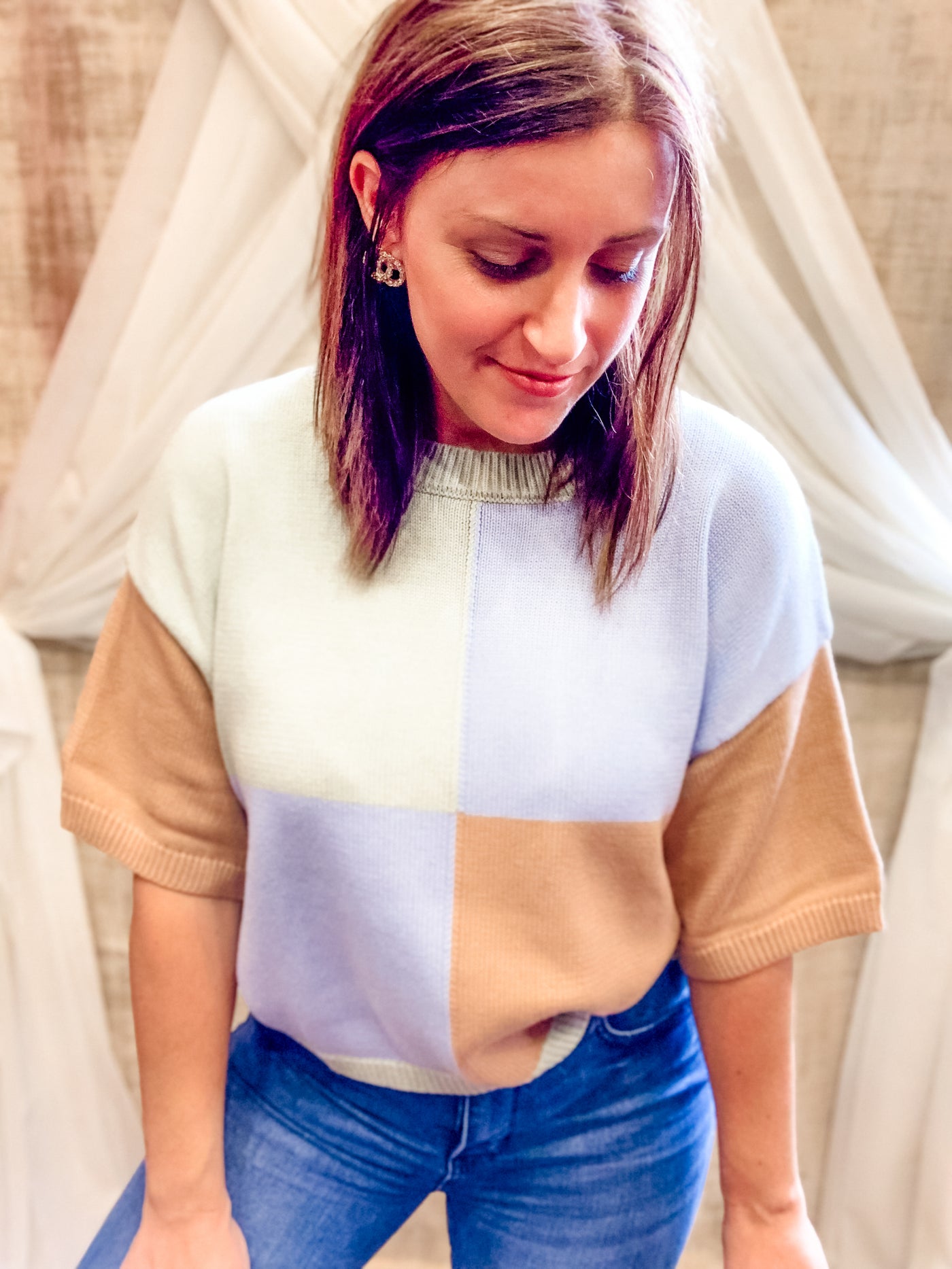 Color Block Short Sleeve Sweater