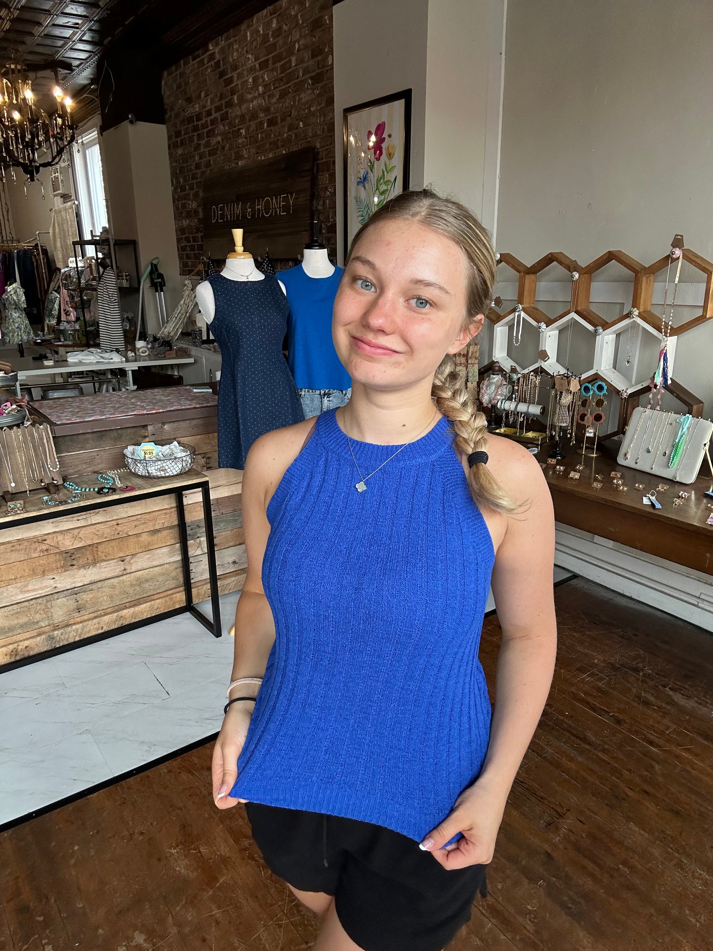 Halter Crochet Knit Tank Top - Blue