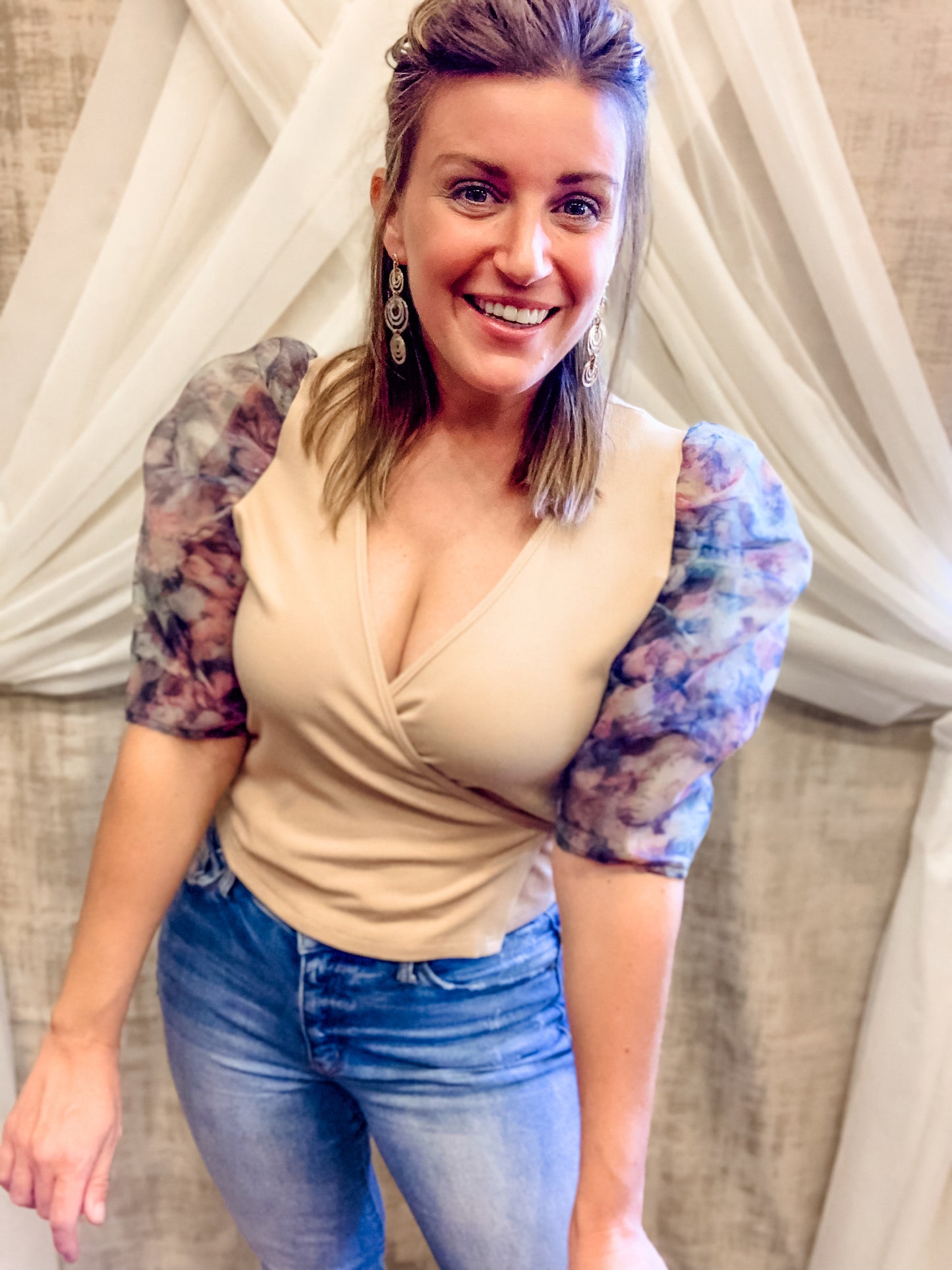 Tan Wrap Top with Pretty Puff Sleeves