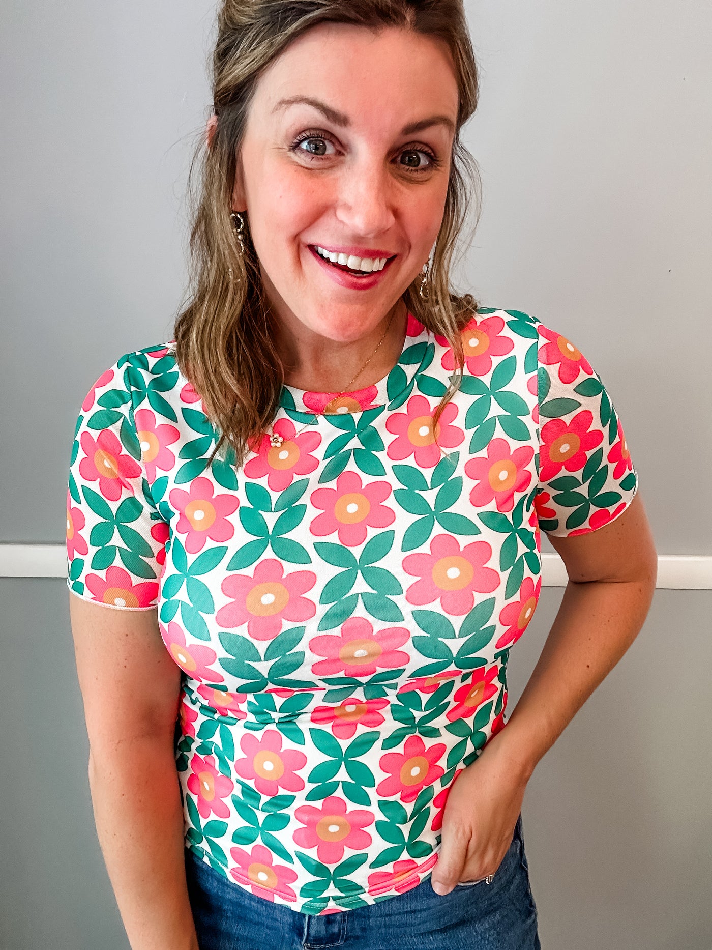 Pink and Green Retro Floral Tee