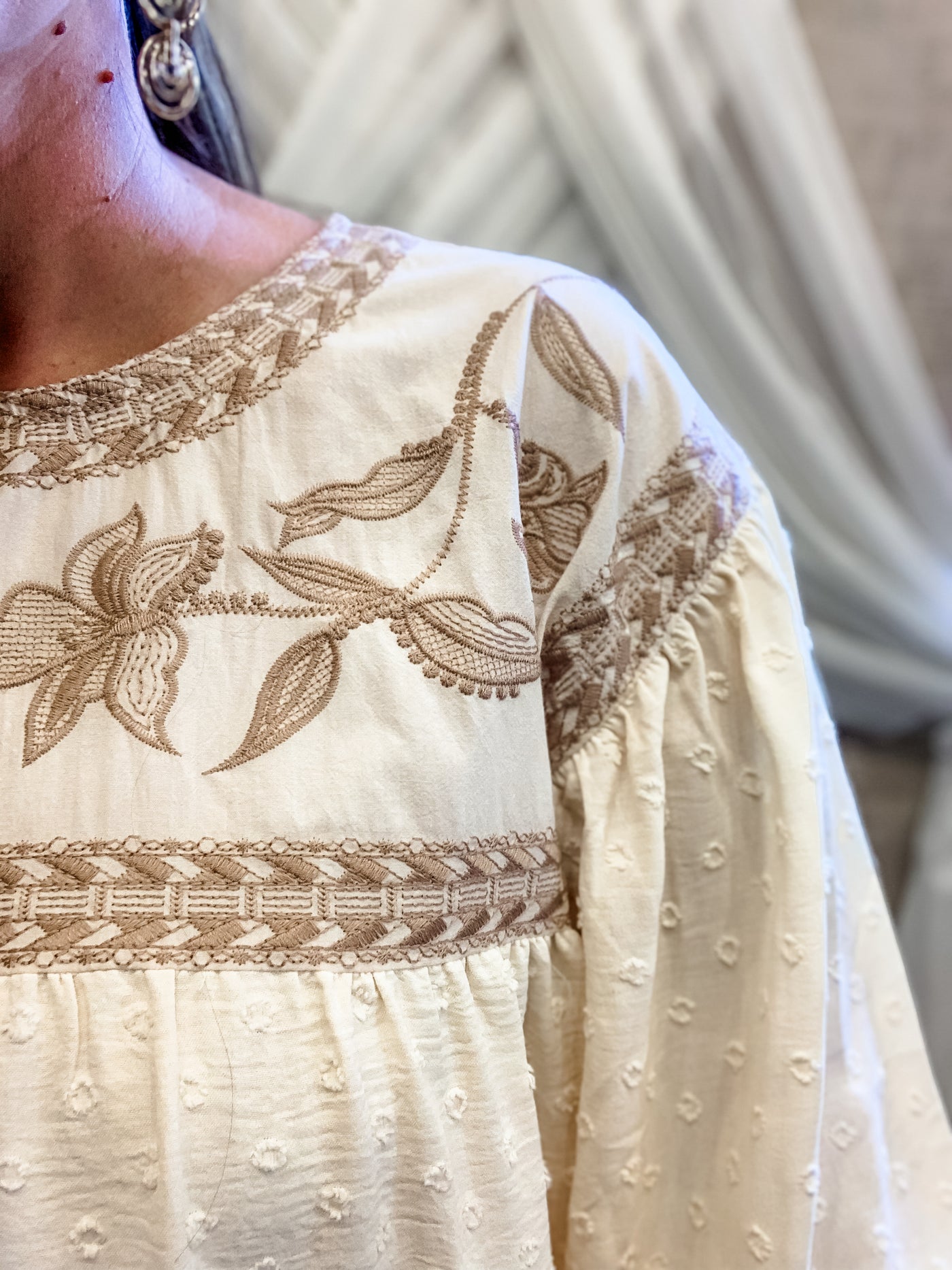 Cream Swiss Dot Top with Embroidery