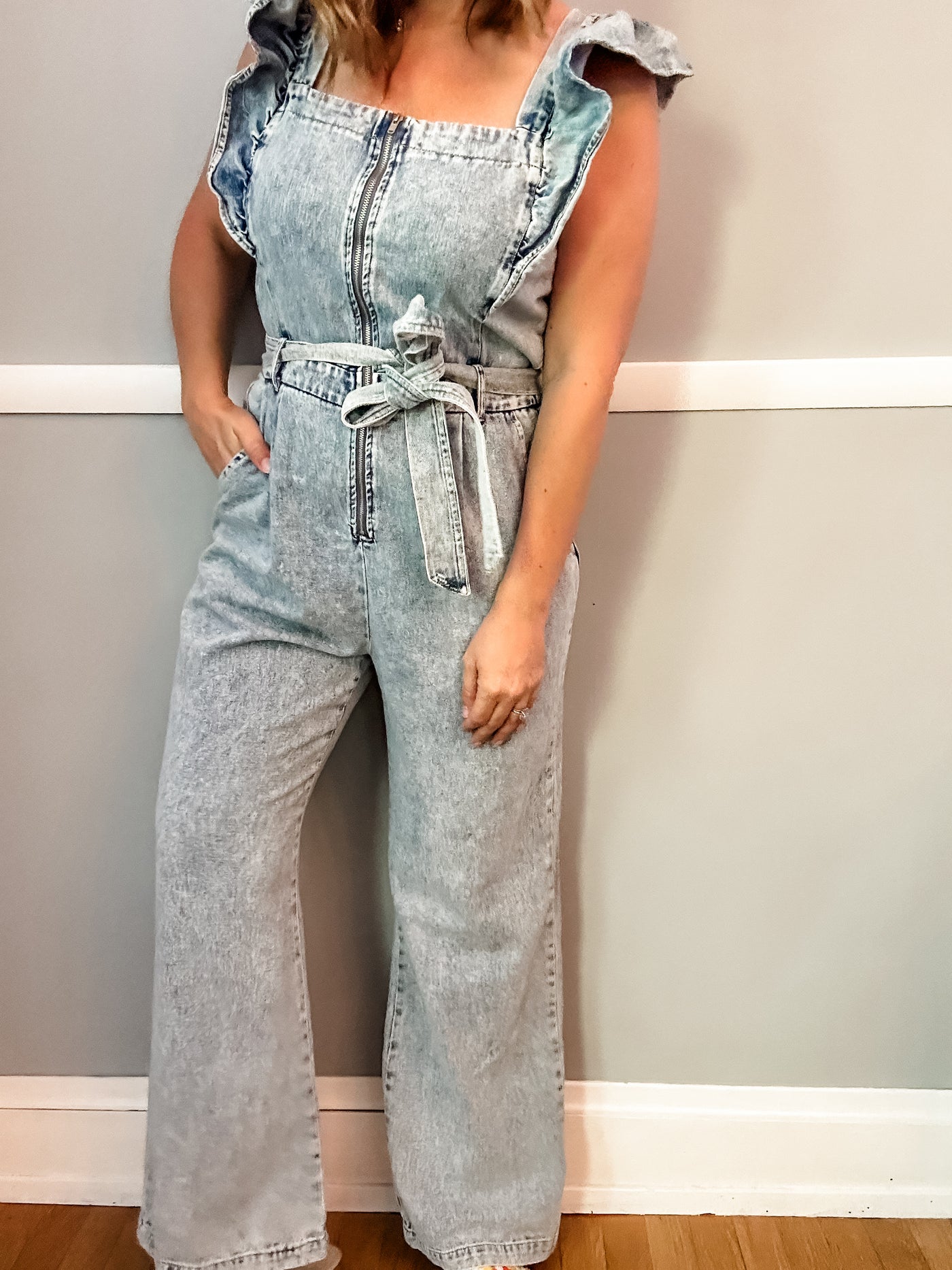 Denim Jumpsuit with Flutter Sleeves