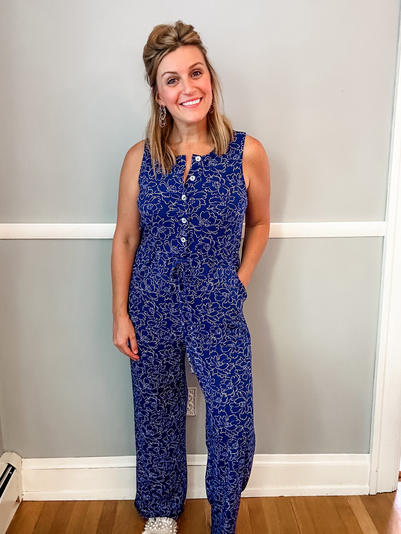 Navy and White Printed Jumpsuit