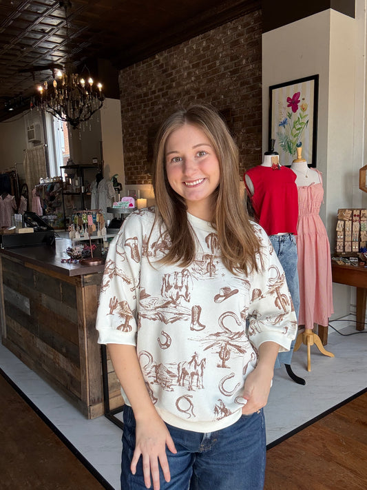 Western Print Short Sleeve Drop Shoulder Knit Top