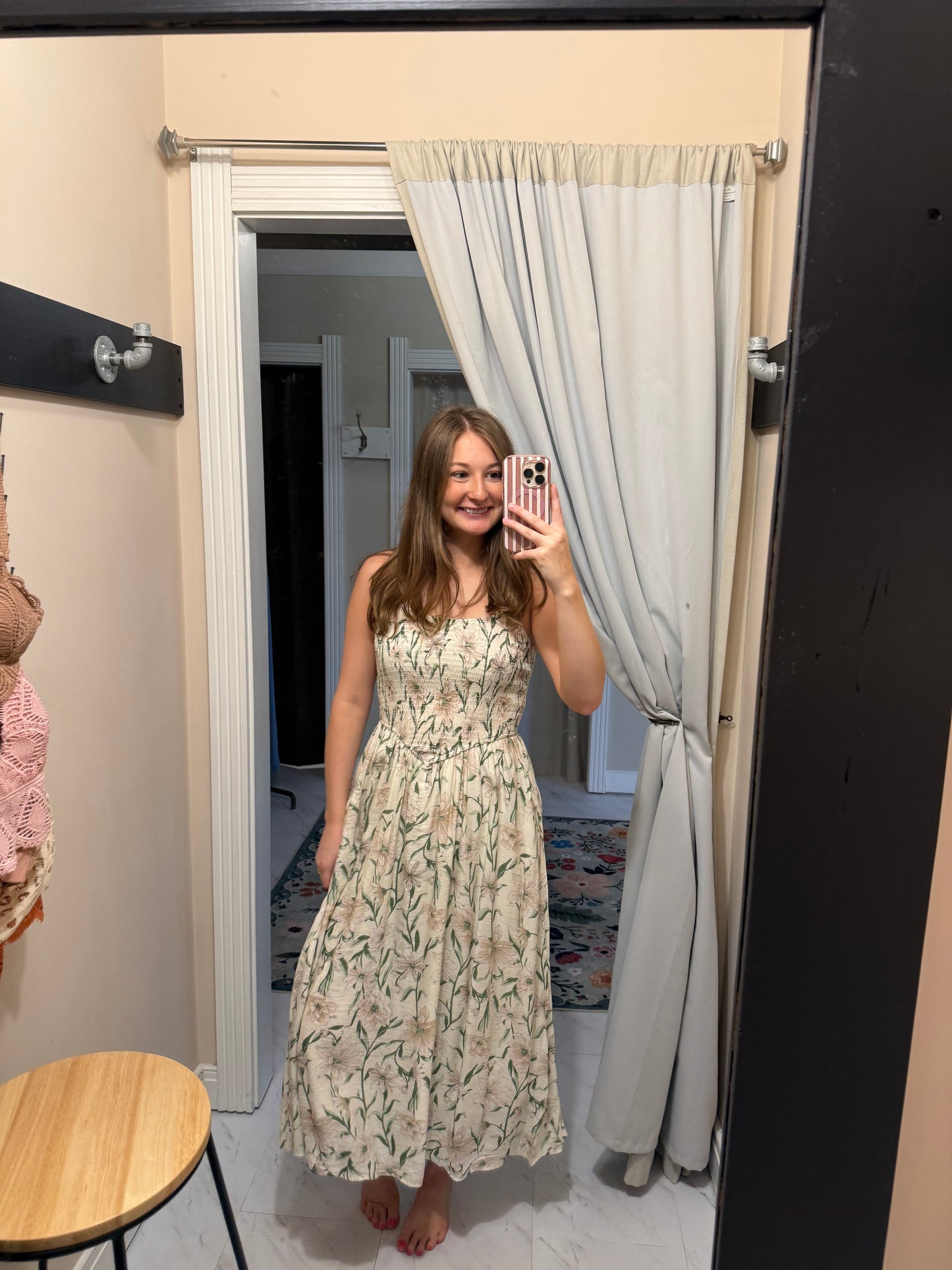 Floral Smocked Spaghetti Strap Midi Sundress - Ivory