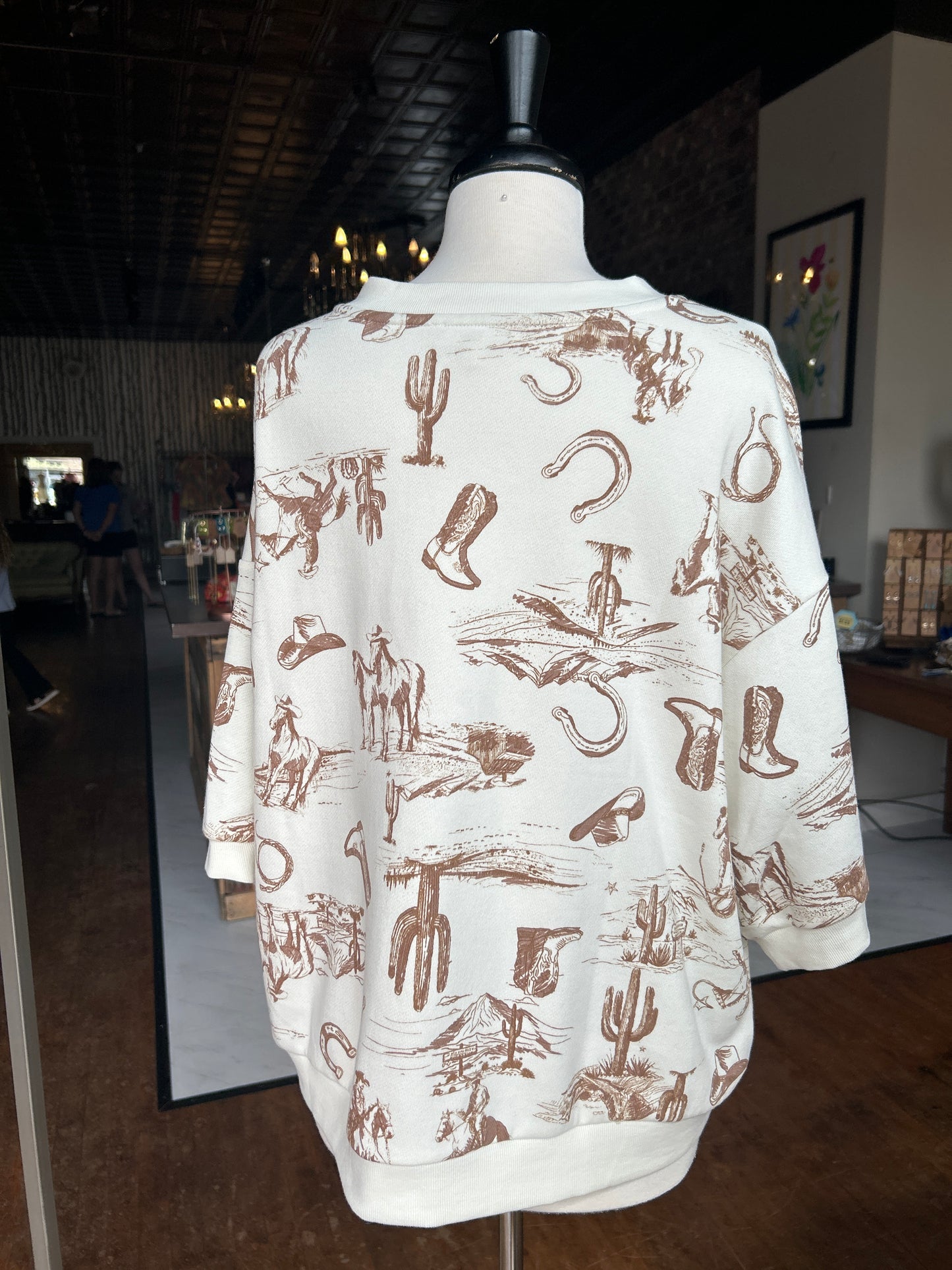 Western Print Short Sleeve Drop Shoulder Knit Top
