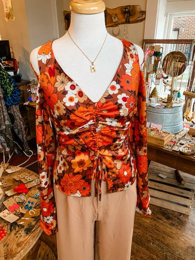 Fall Floral Satin Tie Top